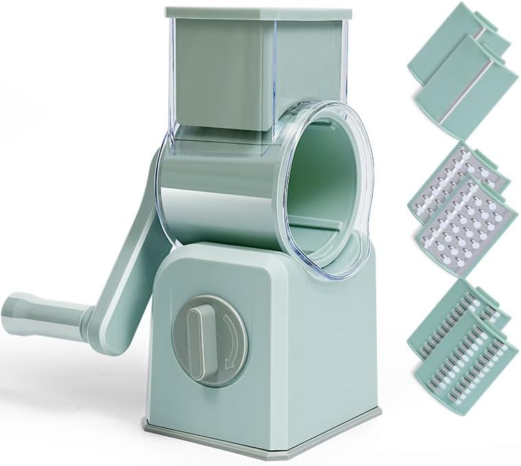 Manual Vegetable Slicer - Patented Drum Cutter w/Interchangeable Blades, Safe & Fast Hand Crank Operation - for Carrots, Cucumbers, Onions, Fruits (Upgraded Stainless Steel Blades) (Green, 3 Blades)