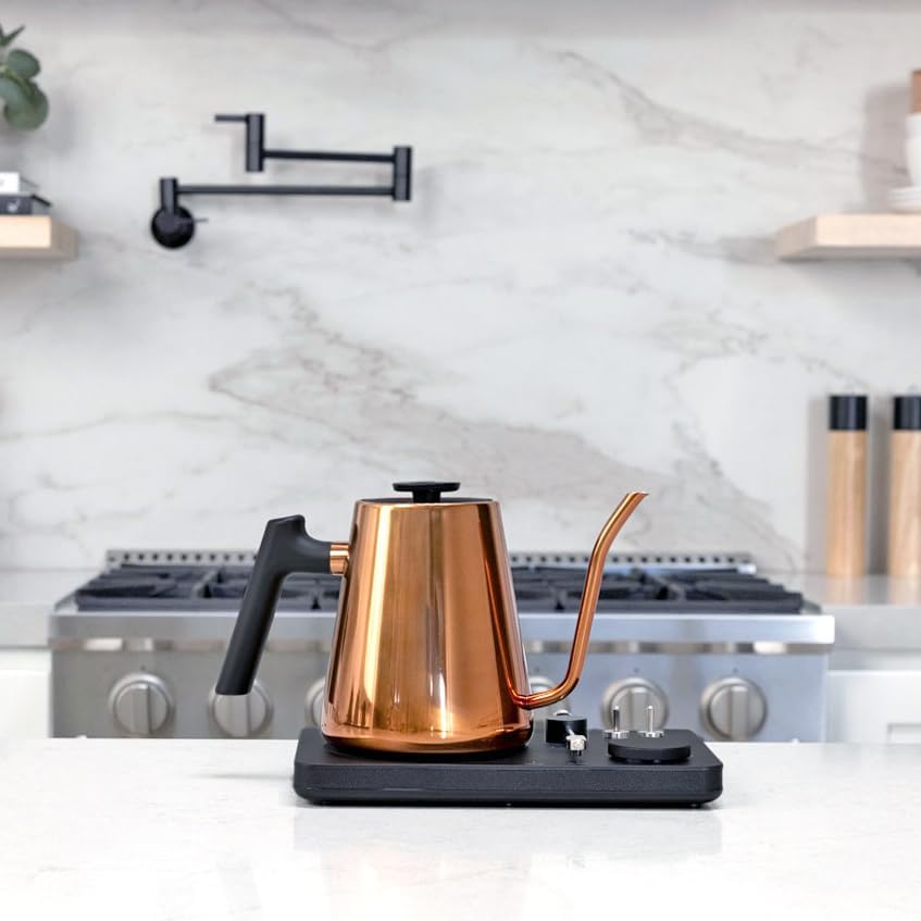 DJ Electric Gooseneck Kettle for Pour Over Coffee & Tea - Water Boiler - Turntable Design - Quick Heating & Temperature Control - Copper