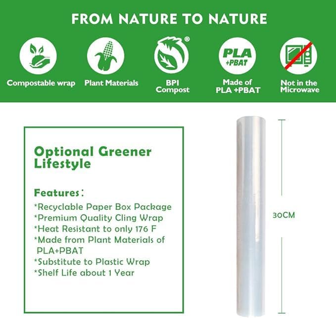 100% Compostable Plastic Cling Wrap Dispenser With Slide Cutter 12 inch Food Service Cling Film Wrap Roll - 12" x 360 Ft ECO friendly Food Wrap(The Slide Cutter stored in The Inner core of The roll)