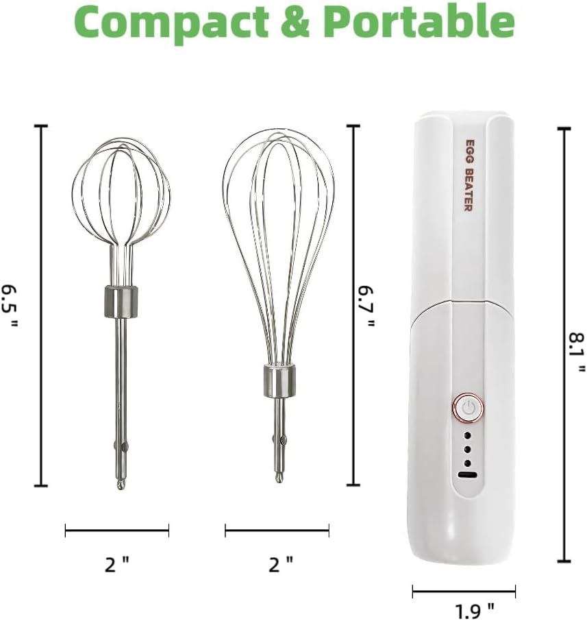 Cordless Hand Mixer, Foldable Design Handheld Electric Whisk with 3 Speed Modes, Hand Held Egg Beater with 2 Detachable Stir Whisks (White)