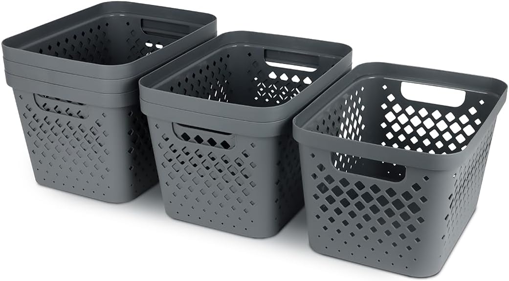 Glad Plastic Storage Basket Set, Value Pack of 6 | Open Storage Bins for Shelves, Bathroom, Pantry, Closet | Nesting Organizer Boxes with Handles, 4 Gallon, Grey