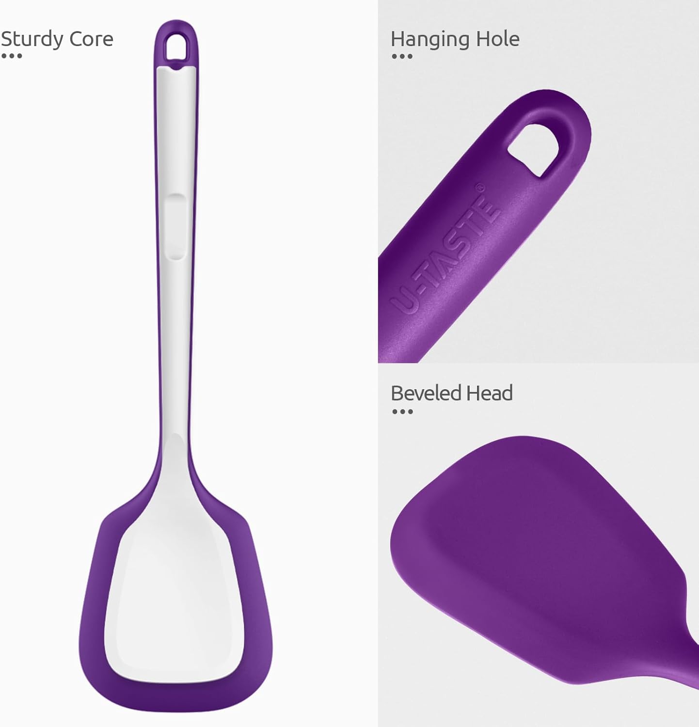 600ºF Heat Resistant Silicone Turners: U-Taste 13.6in Long Solid & Slotted Kitchen Spatula Flipper, Large Flexible Cooking Utensil for Flipping Egg, Pancake in Nonstick Cookware(Purple, 2PCS)