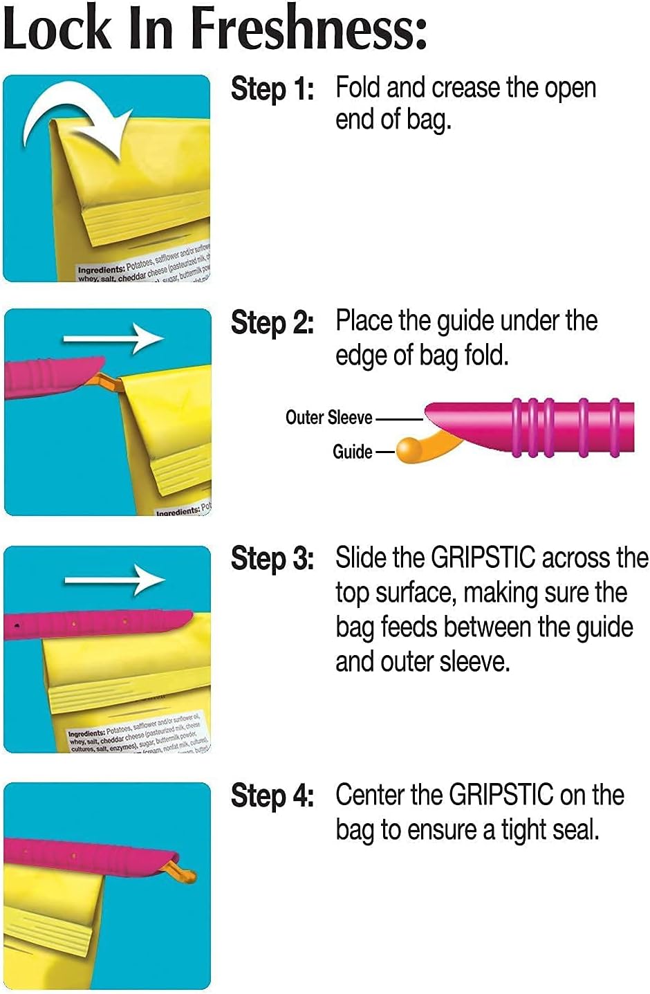 GripStic Bag Sealer - Reusable Chip Clips, Bag Clips. Patented. Airtight & Waterproof Seal on Food Storage Bags, Kids Snacks & More. Near Zero Waste. 12ct XLarge