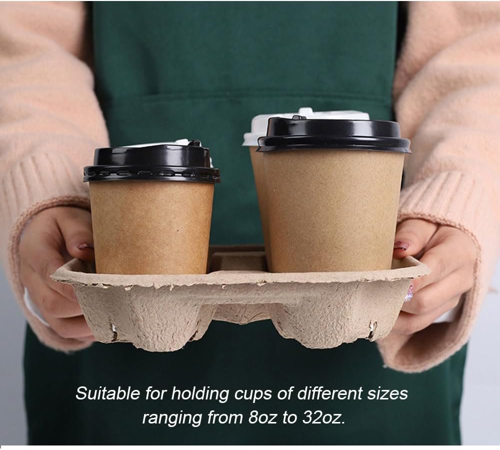 Disposable Compostable 4 Cup Drink Carriers,w/Extra-Deep Slots Secures 8-32oz Cups, Durable Pulp Fiber Holder for Coffee/Bubble Tea/Soda - Delivery, Takeout,Restaurants (100 Pack)