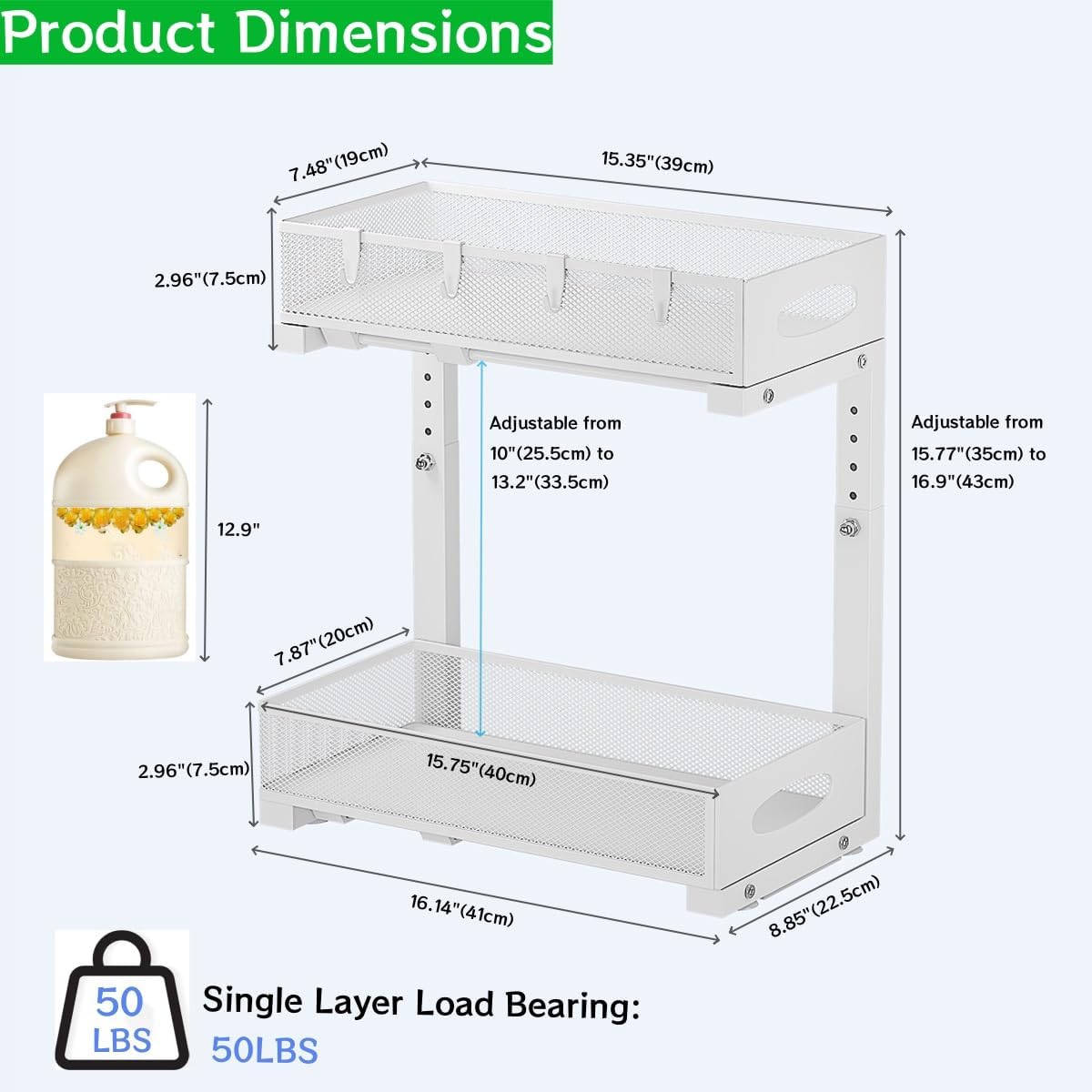2-pack under sink organizer, 2-tier under sink organizer and storage, slide-out pull-out cabinet organizer with mesh metal sliding drawer for home kitchens, bathrooms, pantries (white)