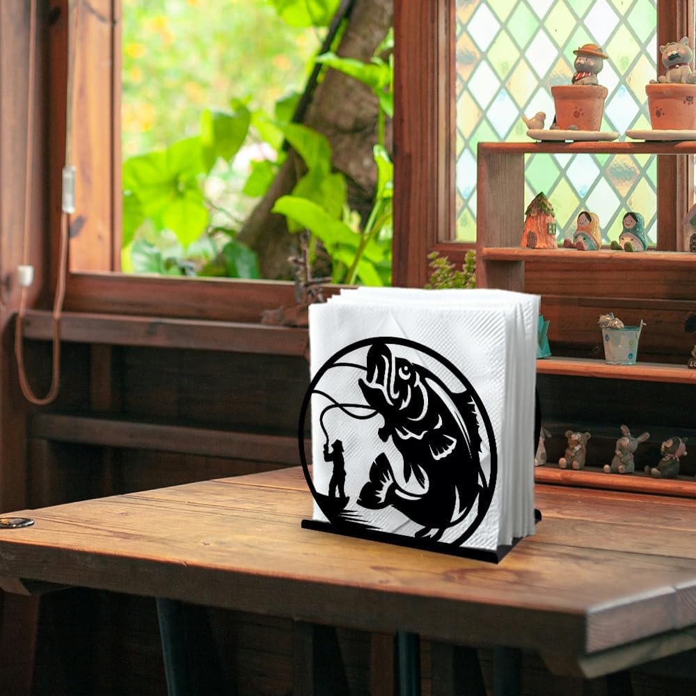 Fishing Decorative Black Metal Napkin Holder for Table, 5.3" x 4.9" x 1.9" Fisherman Fish Standing Napkin Holder for Home Kitchen Restaurant Picnic Party Coffee Bar Dining Room