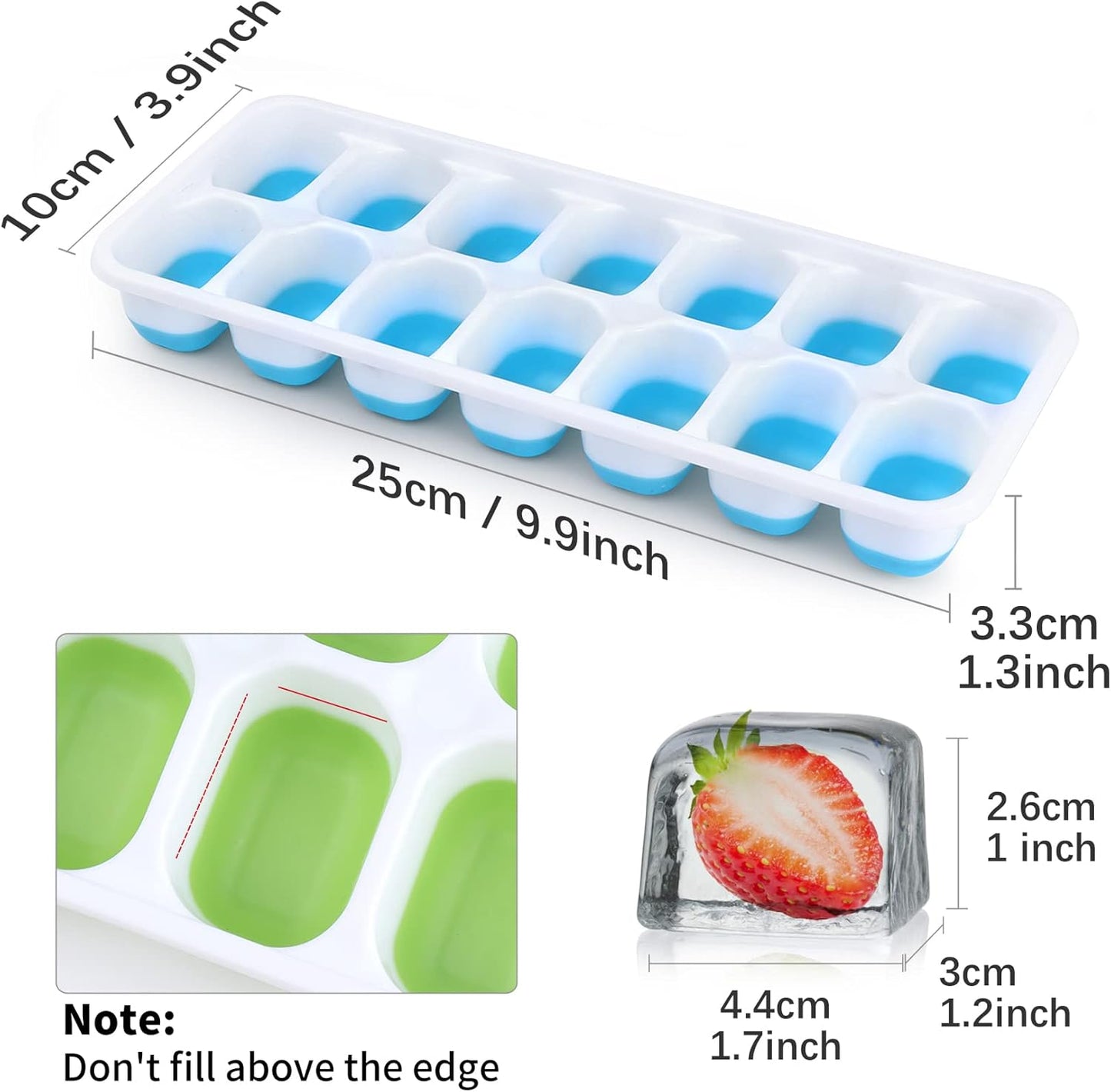 Silicone Ice Cube Tray, 8 Pack Easy-Release & Flexible 14-Ice Cube Trays with Spill-Resistant Removable Lid, Stackable Ice Trays with Covers for Freezer, Cocktail (4 Blue + 4 Green)