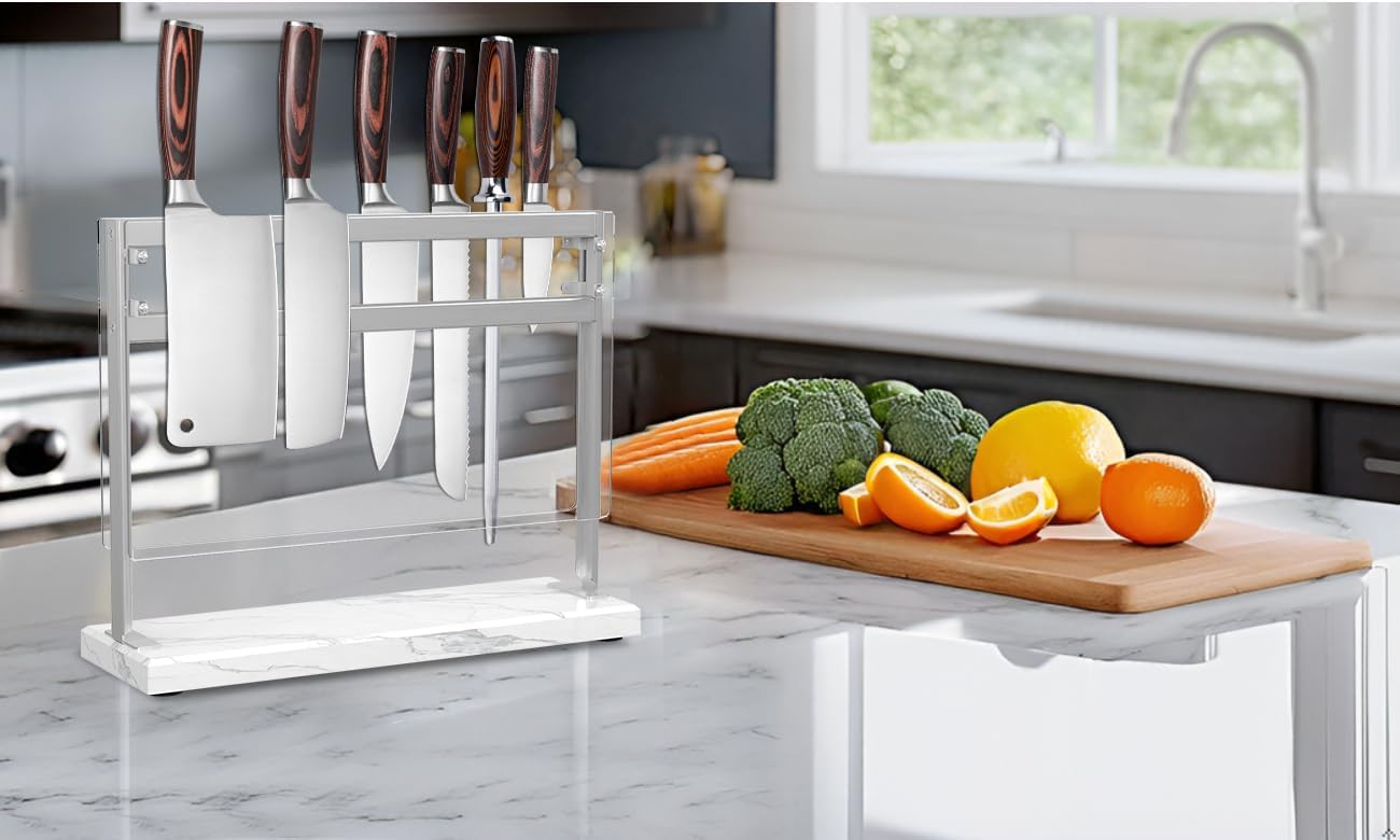 Magnetic Knife Stand Block with Marble Base, Double-sided Stainless Steel Magnets for Countertop with Acrylic Shield, Magnetic Knife Holder for Kitchen Storage, 12 IN, White