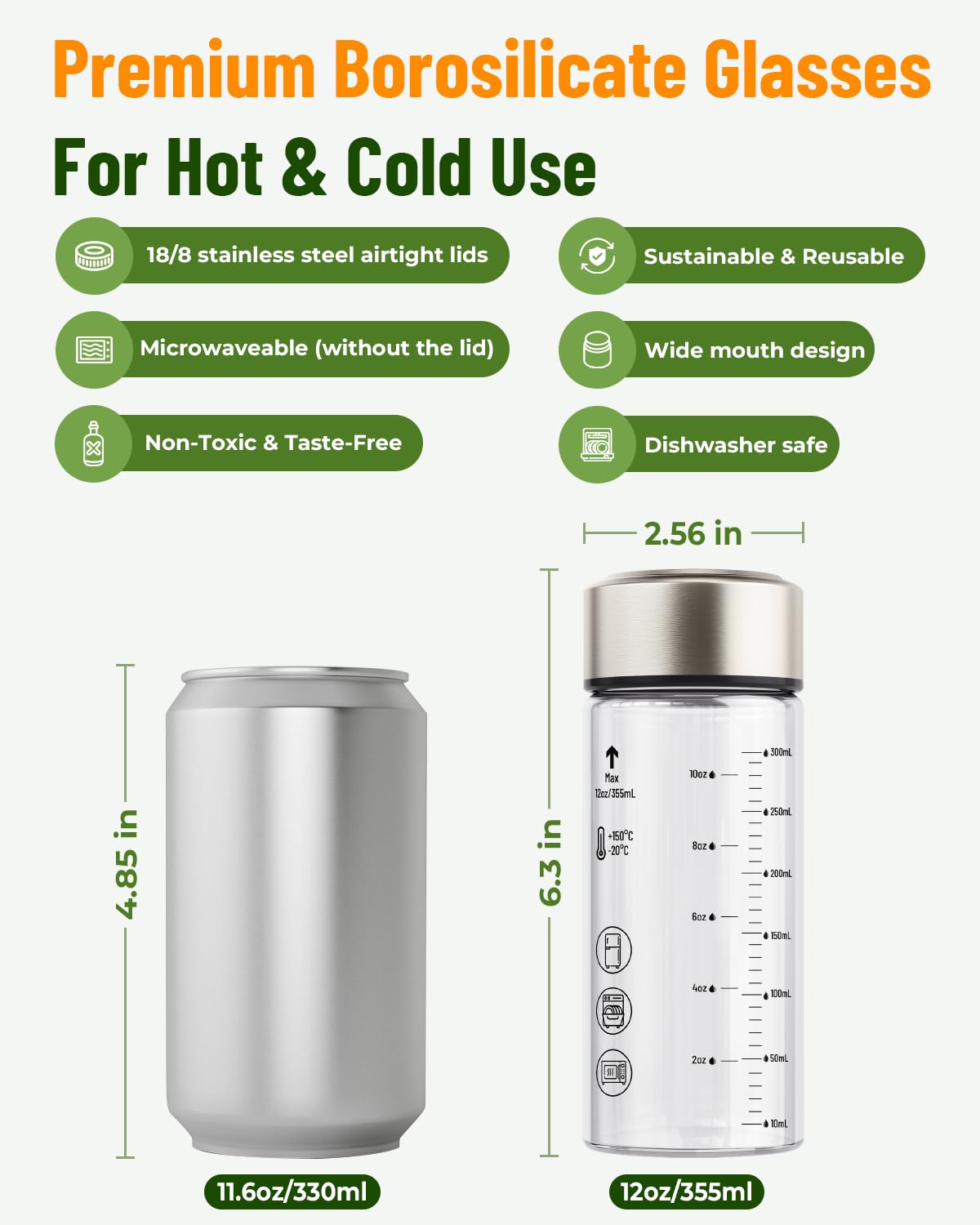 Zukro 12 oz Borosilicate Glass Water Bottles with Stainless Steel Lids and Measurement| Reusable Leakproof Drinking Bottles for Juicing, Smoothie, Protein| 4 Pack Wide Mouth BPA-Free Juice Container