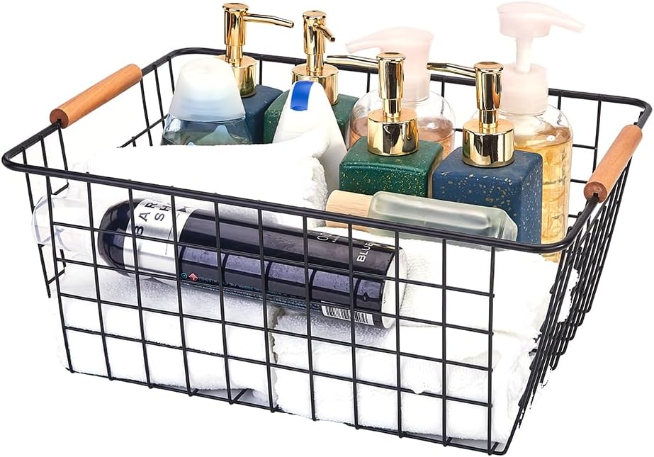 LeleCAT Large black wire baskets with Wooden Handles for storage pantry, Storage Organizer Baskets, Household Refrigerator for Cabinets, Closets, Bedrooms, kitchen - Set of 3 Black