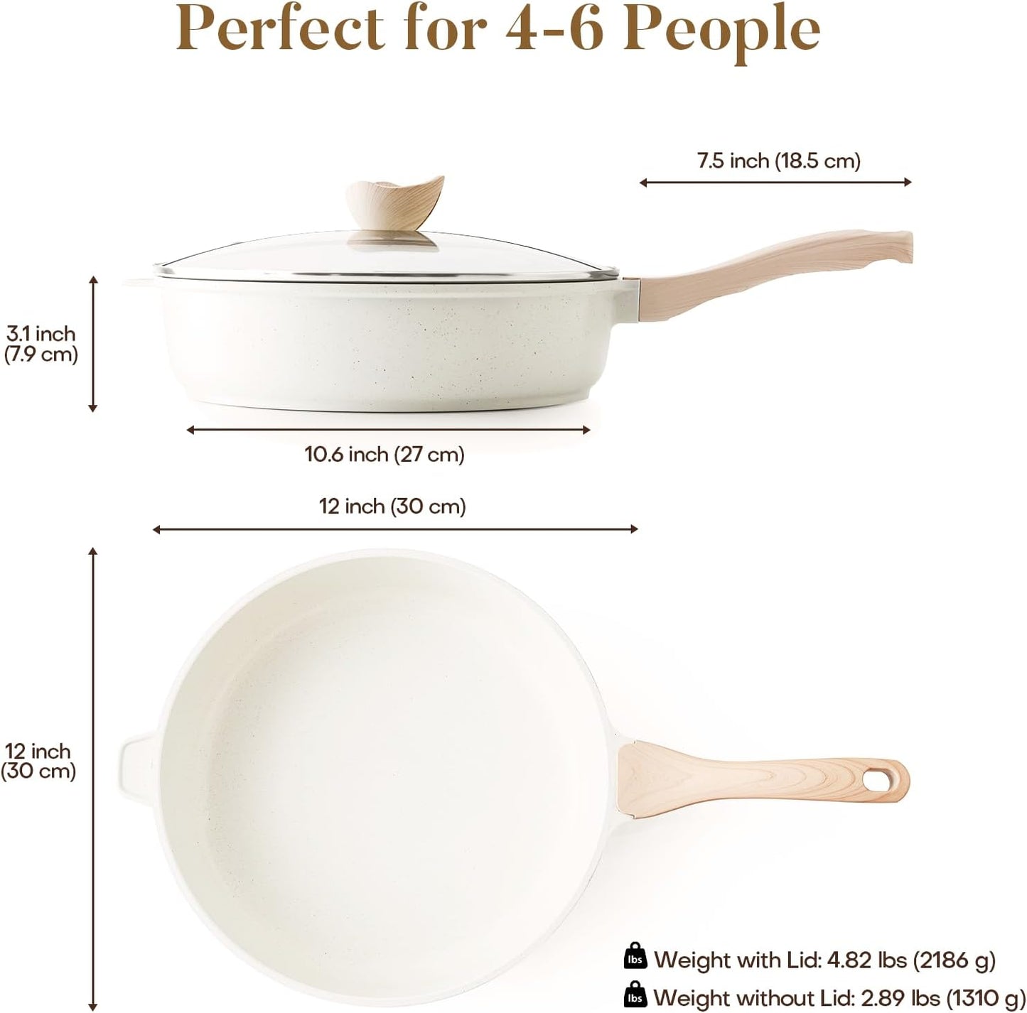 Nonstick Ceramic Deep Frying Pan, 12 Inch Non Toxic Large Skillet with Lid, 5 Qt Healthy Jumbo Cooker, Saute Pan for Cooking, Induction Cookware, PFOA & PFAS Free (Cream)