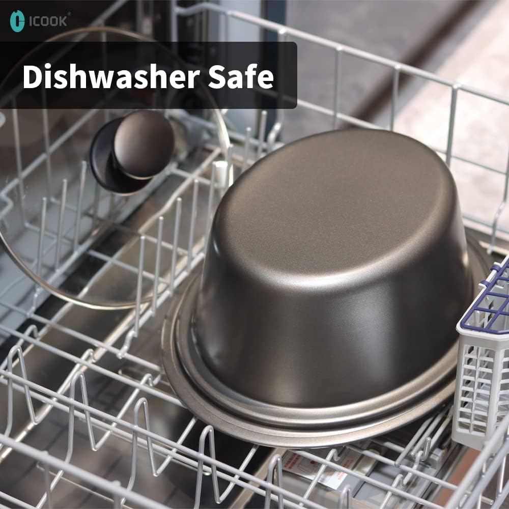 ICOOK USC-65-OP001BL 6.5 Quart Slow Cooker,Aluminium Sear/Sauté Stew Pot Stovetop safe,Dishwasher Safe,Glass Lid,Adjustable Temp,Food Warmer(Blue)