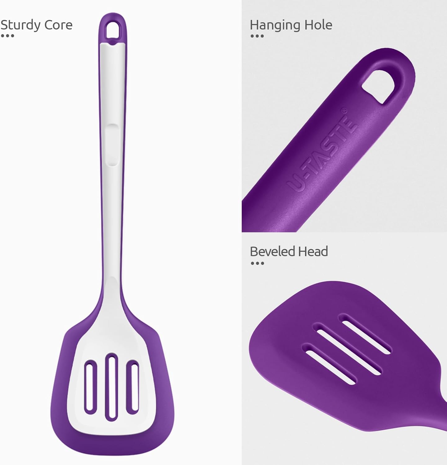 600ºF Heat Resistant Slotted Turner: U-Taste 13.6in Silicone Kitchen Spatula Flipper, 3.74in Wide Food Grade Flexible Thin Rubber Cooking Utensil for Egg, Pancake, Cookie in Nonstick Cookware (Purple)