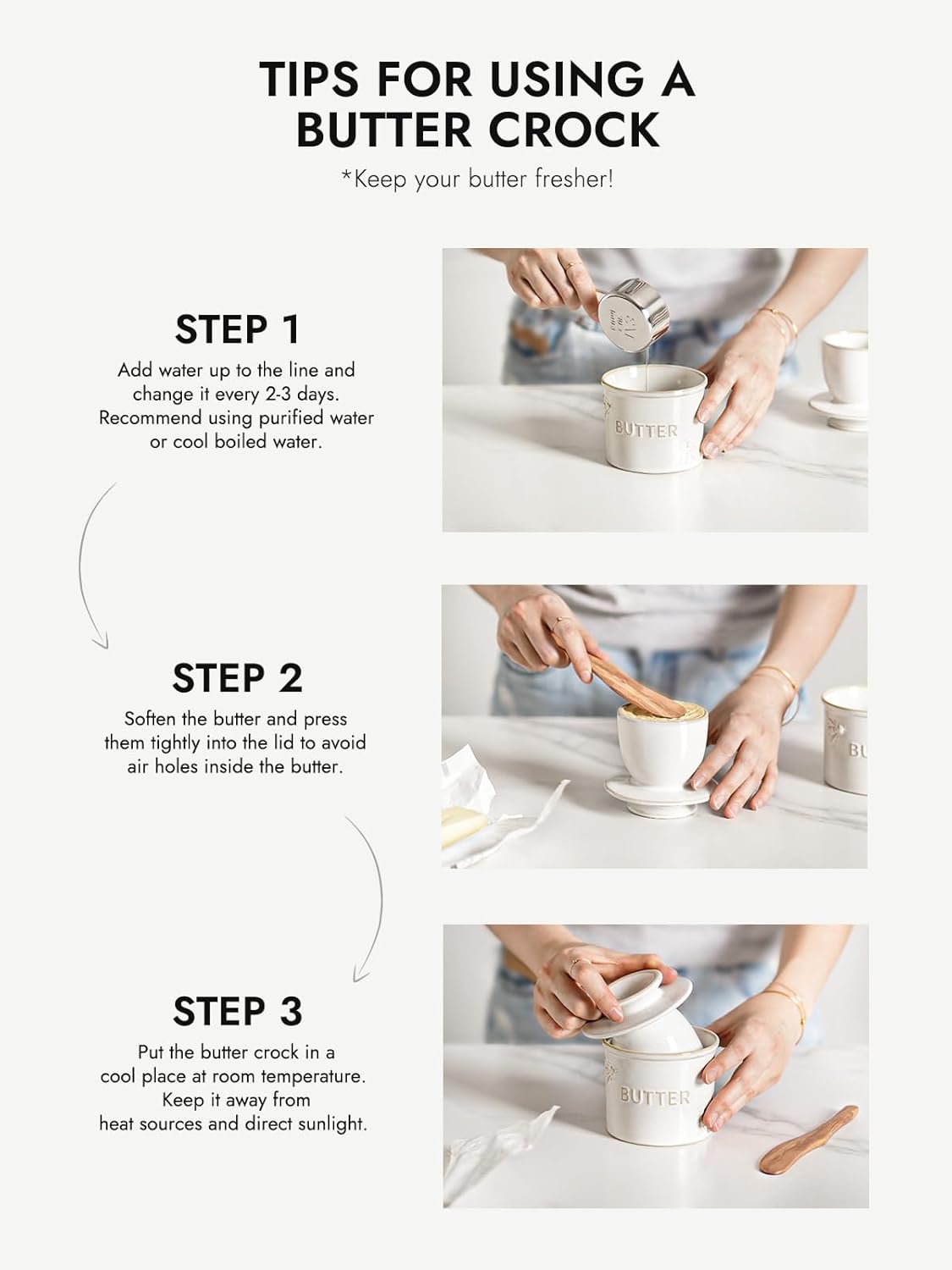 LE TAUCI Butter Crock, Butter Dish with Lid, Butter Container for Counter with Water Line, Embossed French Butter Keeper for Spreadable Butter, Suit For Housewarming - Set of 1, Arctic White, Bee