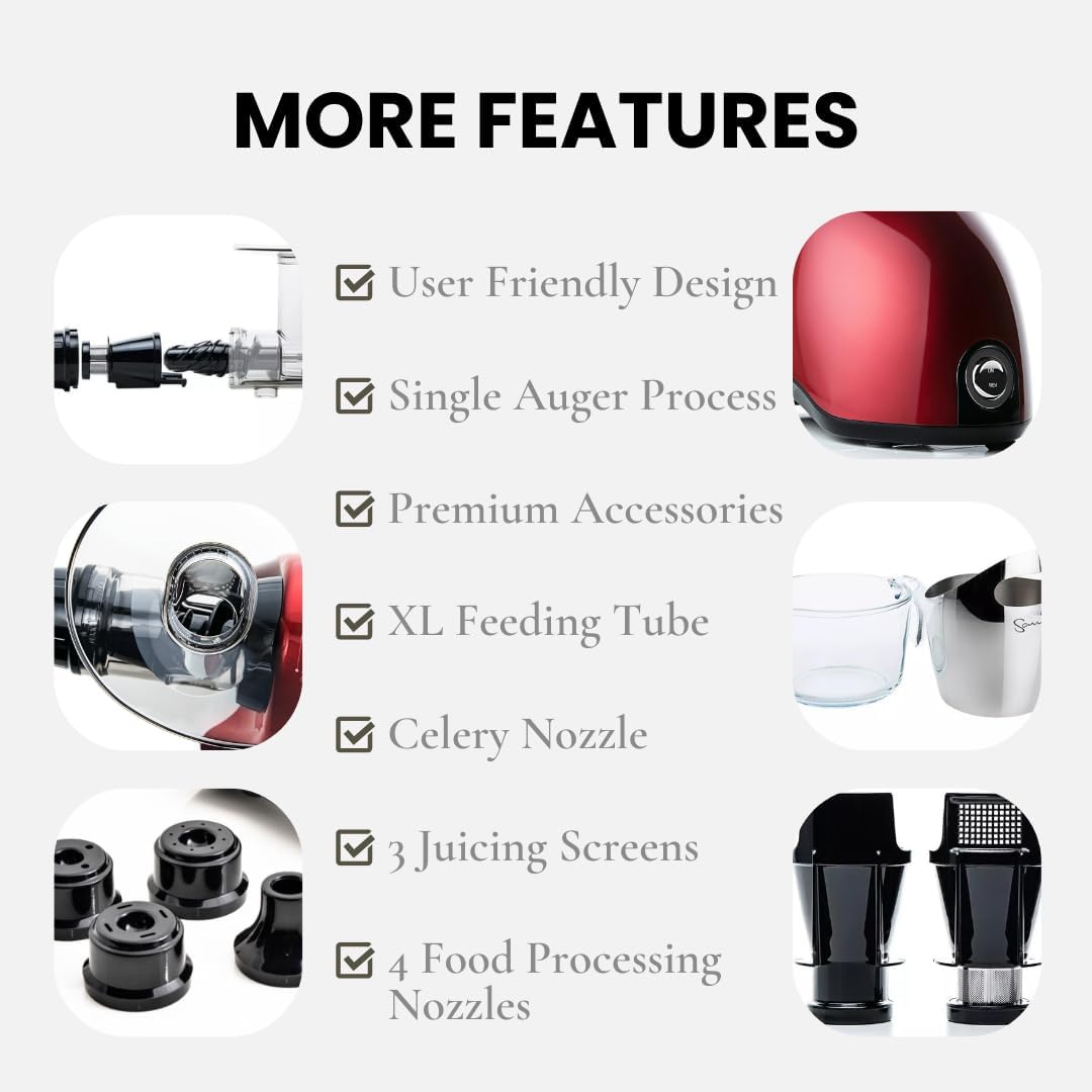 Cold Press SANA 707 Classic Horizontal Single Auger Slow/Low Speed Juicer | Easy Clean, Powerful Motor, Auto Feed, Compact, Celery Attachment, Frozen Desserts, Pasta Extrusion, 15 Year Warranty, Red