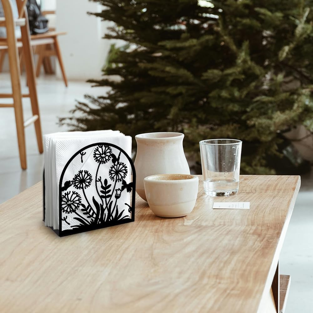 Dandelion Decorative Black Metal Napkin Holder for Table, 5.3" x 4.9" x 1.9" Grass Flower Standing Napkin Holder for Home Kitchen Restaurant Picnic Party Coffee Bar Dining Room