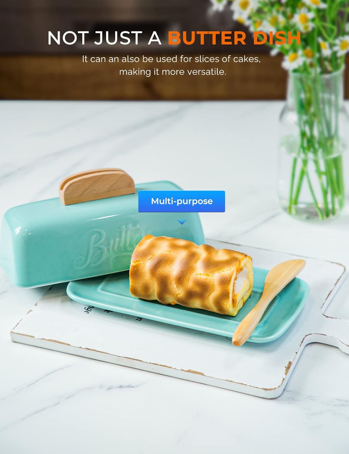 Butter Dish with Lid and Knife Ceramic Butter Holder for Counter Humanized Clamp-able Knife Handle Design, Perfect for East West Coast Butter, Skyblue