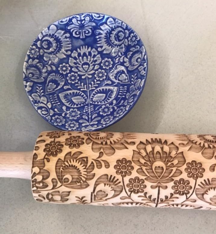 FOLK Embossed Rolling Pin. Wooden Embossing Rolling Pin With Folksy Flowers for Pottery and Cookies by Algis Crafts