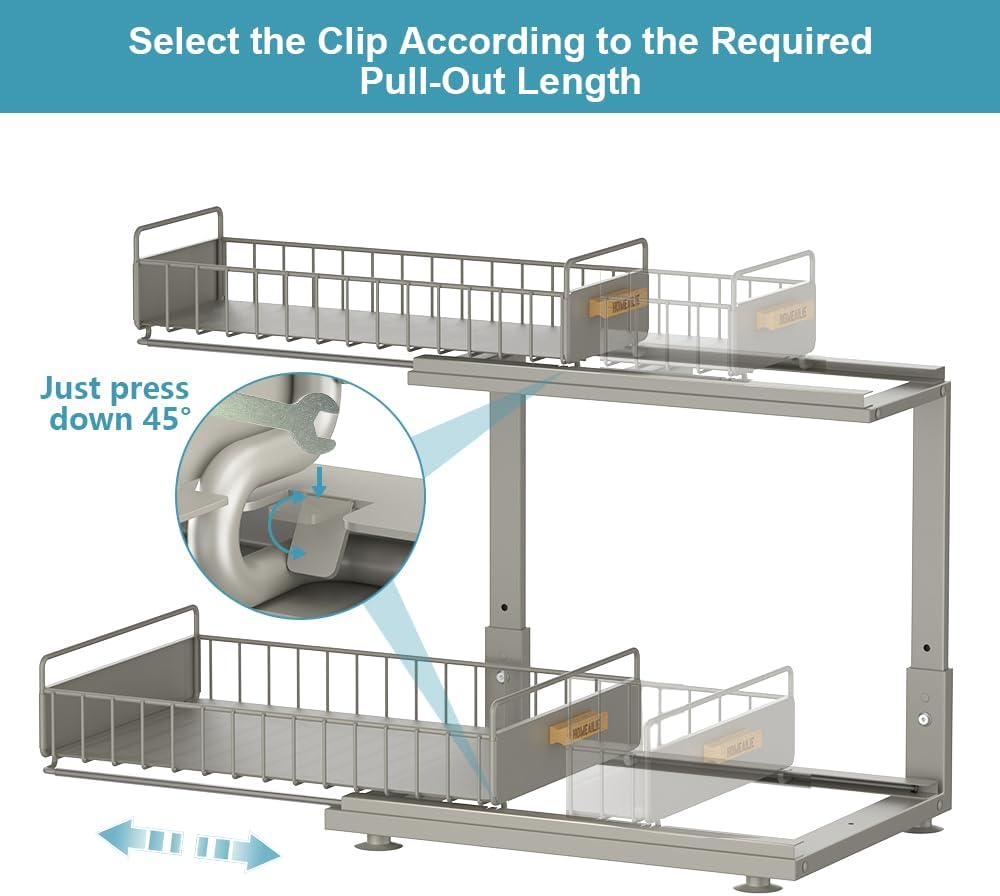 Under Sink Organizer, Pull Out Kitchen Cabinet Organizer 2 Tier Slide Out Under Sink Organizers and Storage, Sink Shelf Cabinet Storage Shelves for Kitchen Bathroom Pantry, Grey