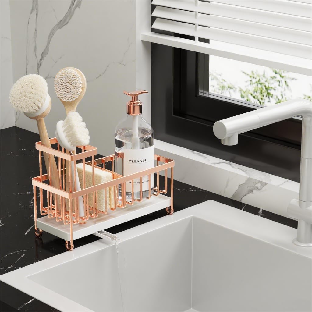 Cisily Rose Gold Sponge Holder for Kitchen Sink, Sink Caddy Organizer with High Brush Holder, Kitchen Countertop Organizers and Storage Essentials, Rustproof 304 Stainless Steel, Soap Dispenser