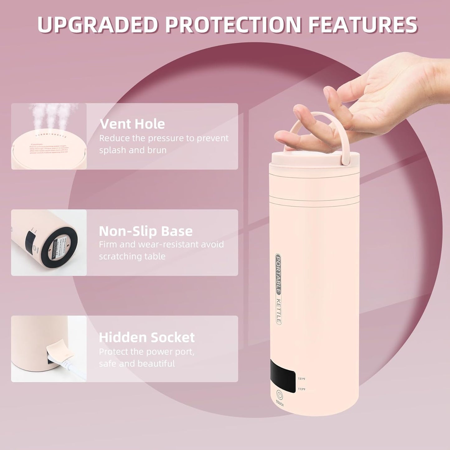 Travel Electric Kettle Portable Small Mini Tea Coffee Kettle Water Boiler, Water Heater with 4 Temperature Control,304 Stainless Steel with Auto Shut-Off & Boil Dry Protection, BPA-Free (Pink)