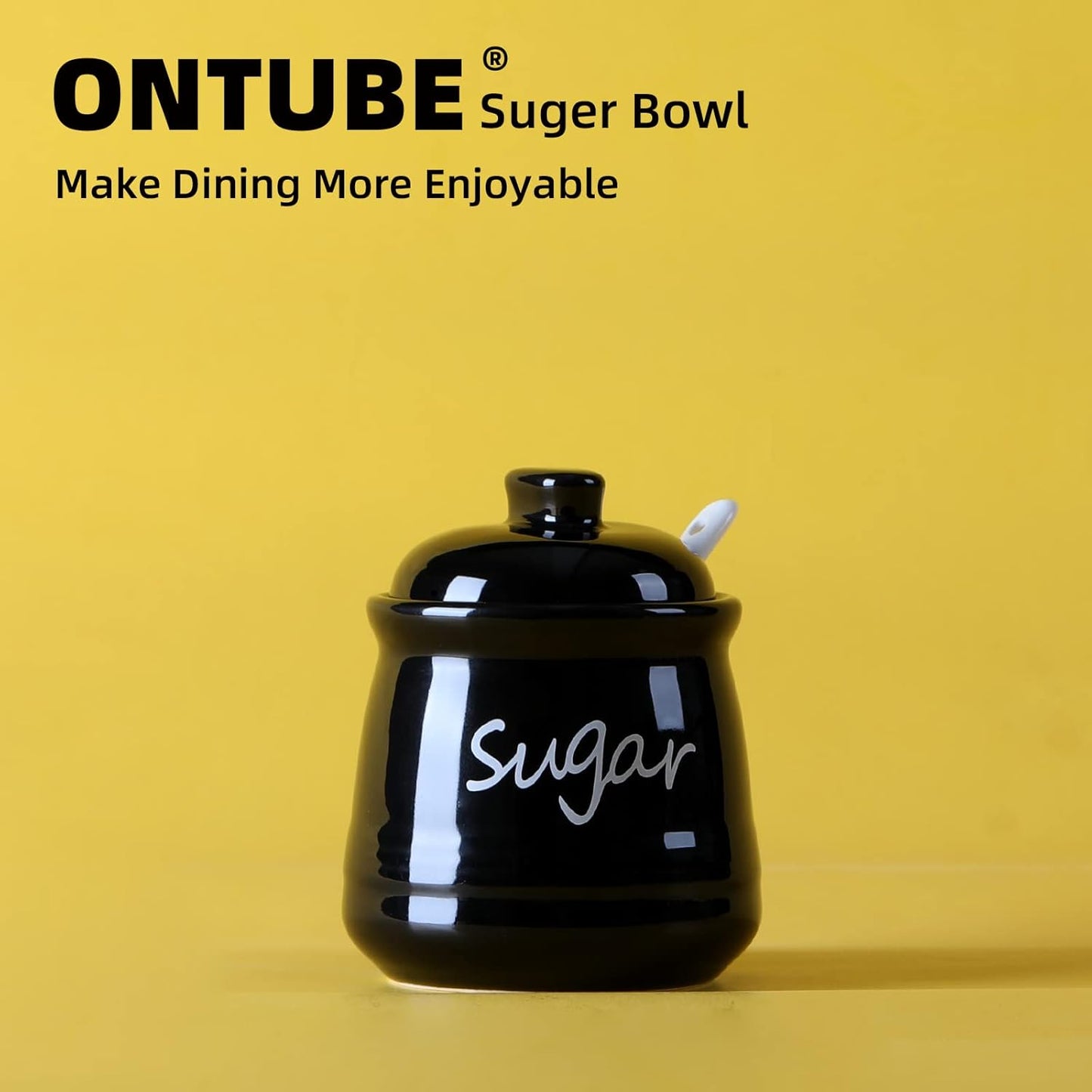 ONTUBE Ceramic Sugar Bowl with Lid and Spoon 12oz (Black)