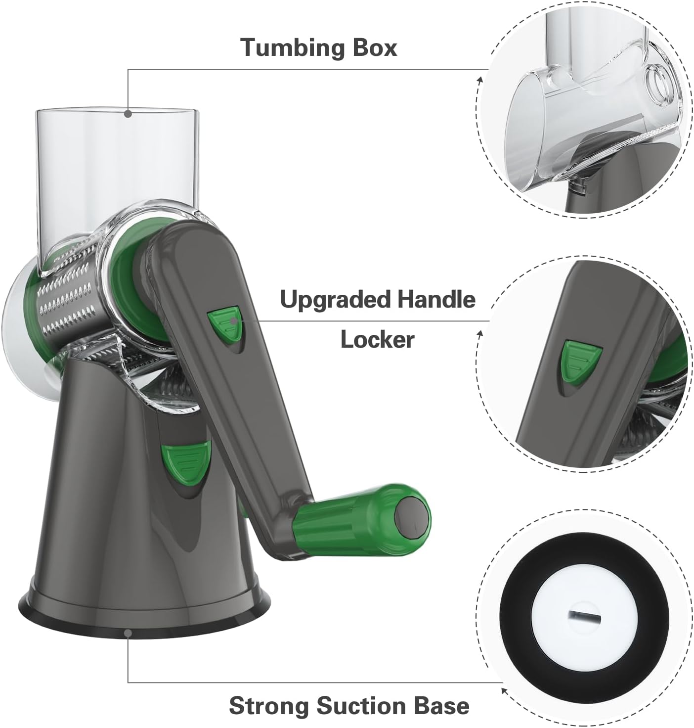 Cambom Rotary Cheese Grater Hand Crank Cheese Shredder for Fresh Cheese, Vegetable, Nuts,Non-slip Suction Base, Free Cleaning Brush Three Blades, Grey and Green