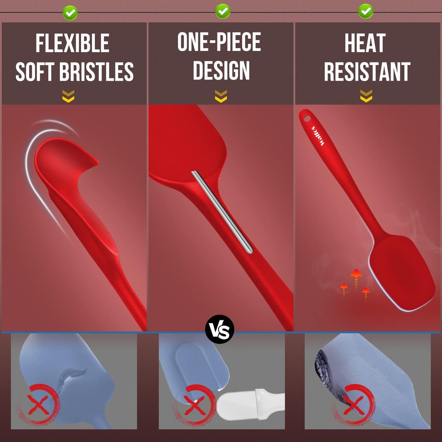 Walfos Silicone Spatula - 600°F High Heat Resistant Kitchen Spoon Spatulas, Strong Steel Core & One-Pieces Seamless Design, Perfect for Cooking Mixing & Baking - BPA Free & Dishwasher Safe 2 Set, Red
