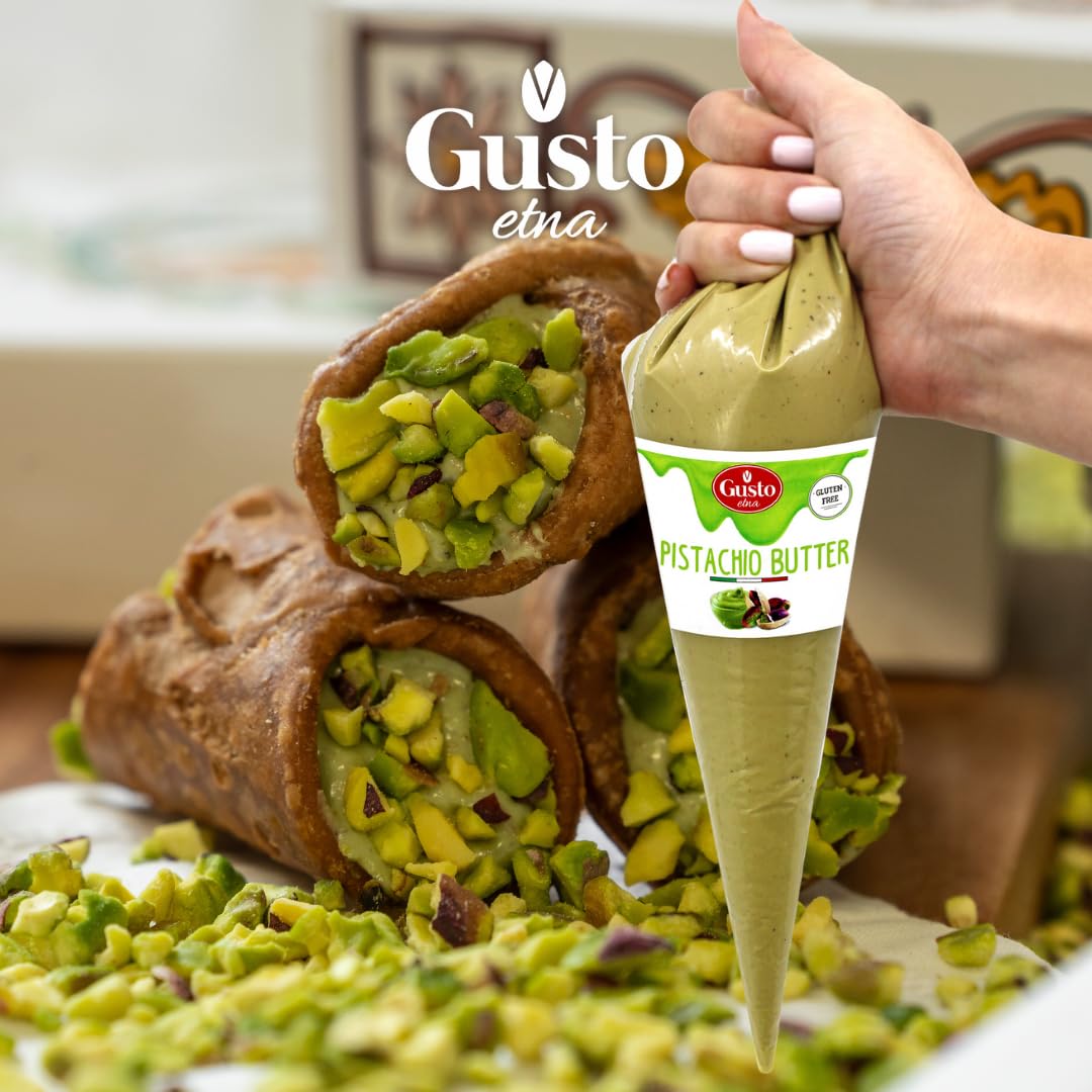 GUSTO ETNA Pistachio Nut Butter Cream in Squeeze Pouch, Spread, Cake Filling & Icing, Frosting, Dessert, Sweet Pistachio Butter, Pistachio Paste, From Bronte, Sicily, Italy, Non GMO, 14.1 oz (400 g)
