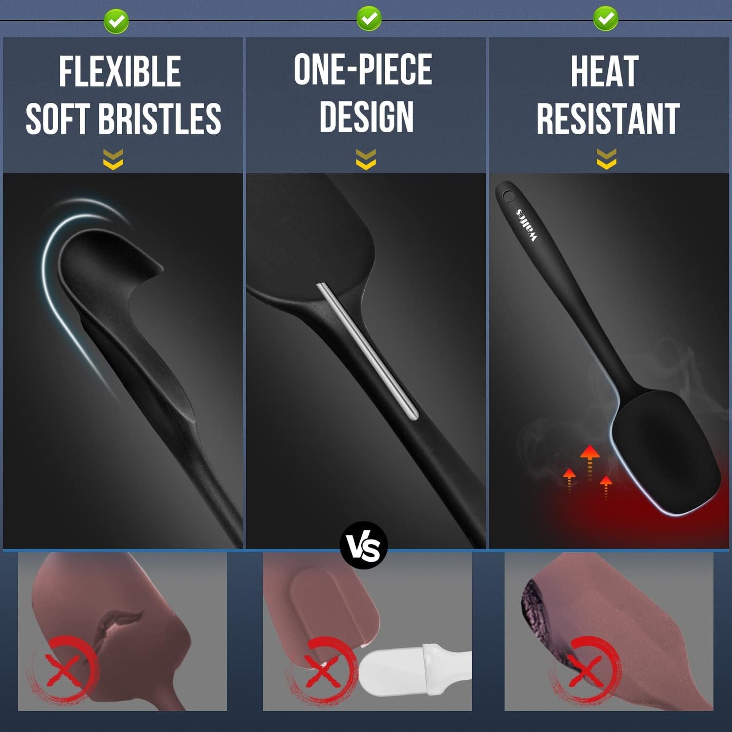 Walfos Mini Silicone Spatula Set of 3(600°F), Heat Resistant small Kitchen Silicone Spatulas, Strong Steel Core and One-Pieces Seamless Design, for Cooking Mixing & Baking,BPA Free & Dishwasher Safe