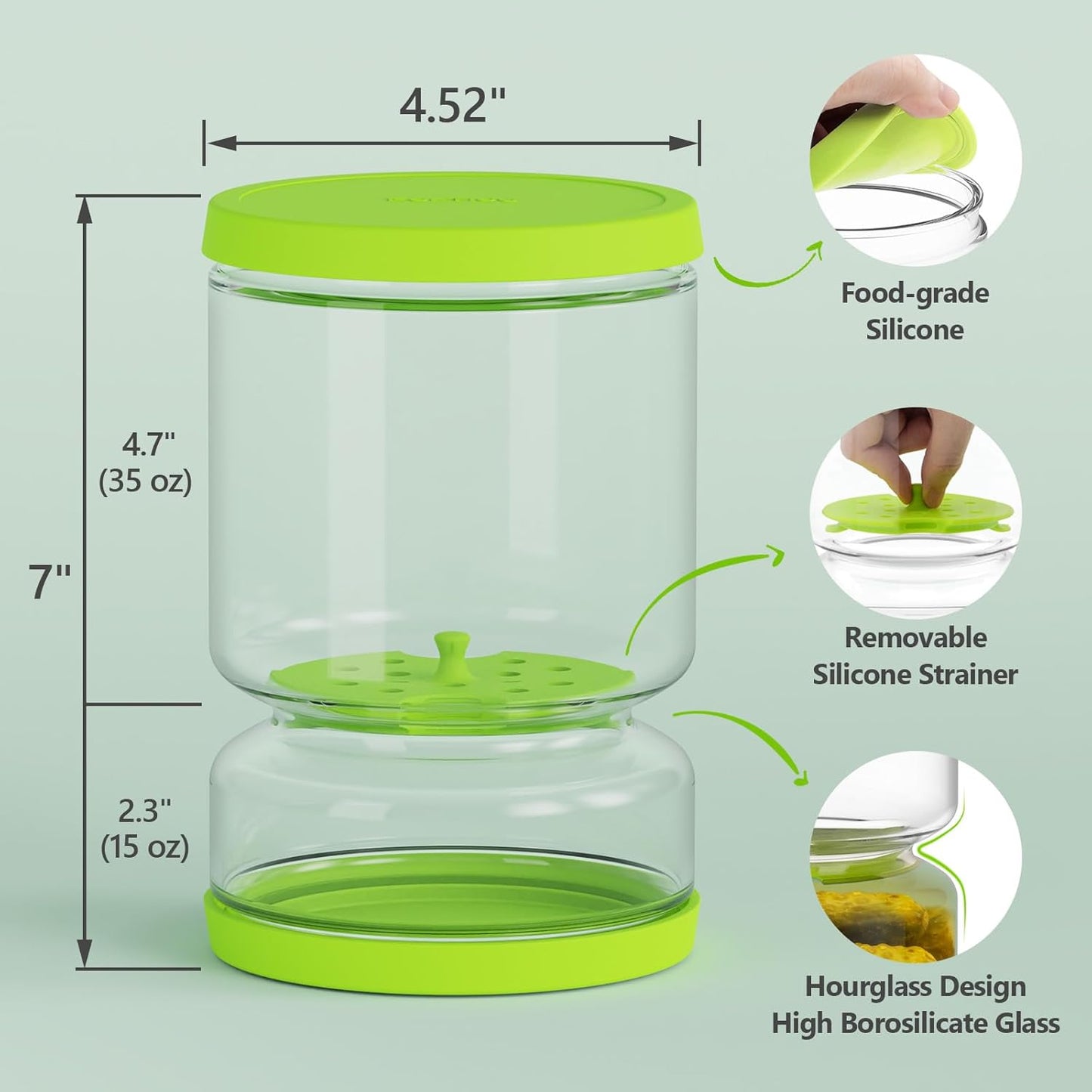 Glass Pickle and Olive Container - 50 OZ Airtight Jar with Strainer for Pickle Lover, Kitchen Organization Must-Have Versatile Food Keeper, BPA Free, Dishwasher Safe (Green Yellow)