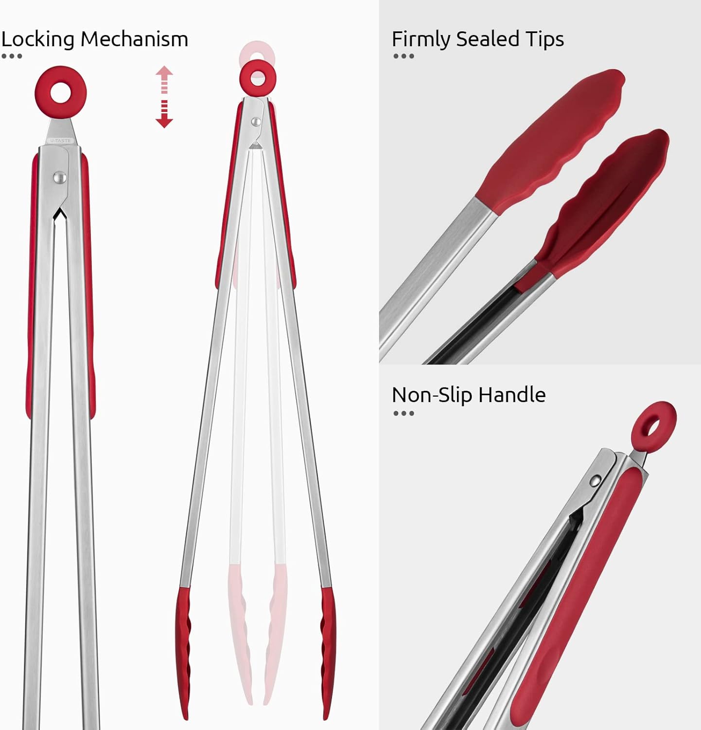600ºF Heat Resistant Kitchen Tongs: U-Taste 16 inch Extra Long Large Silicone Cooking Tong with Sturdy Non Stick Rubber Tips & Non Slip Silicon Coated 18/8 Stainless Steel Handle for Grilling BBQ(Red)
