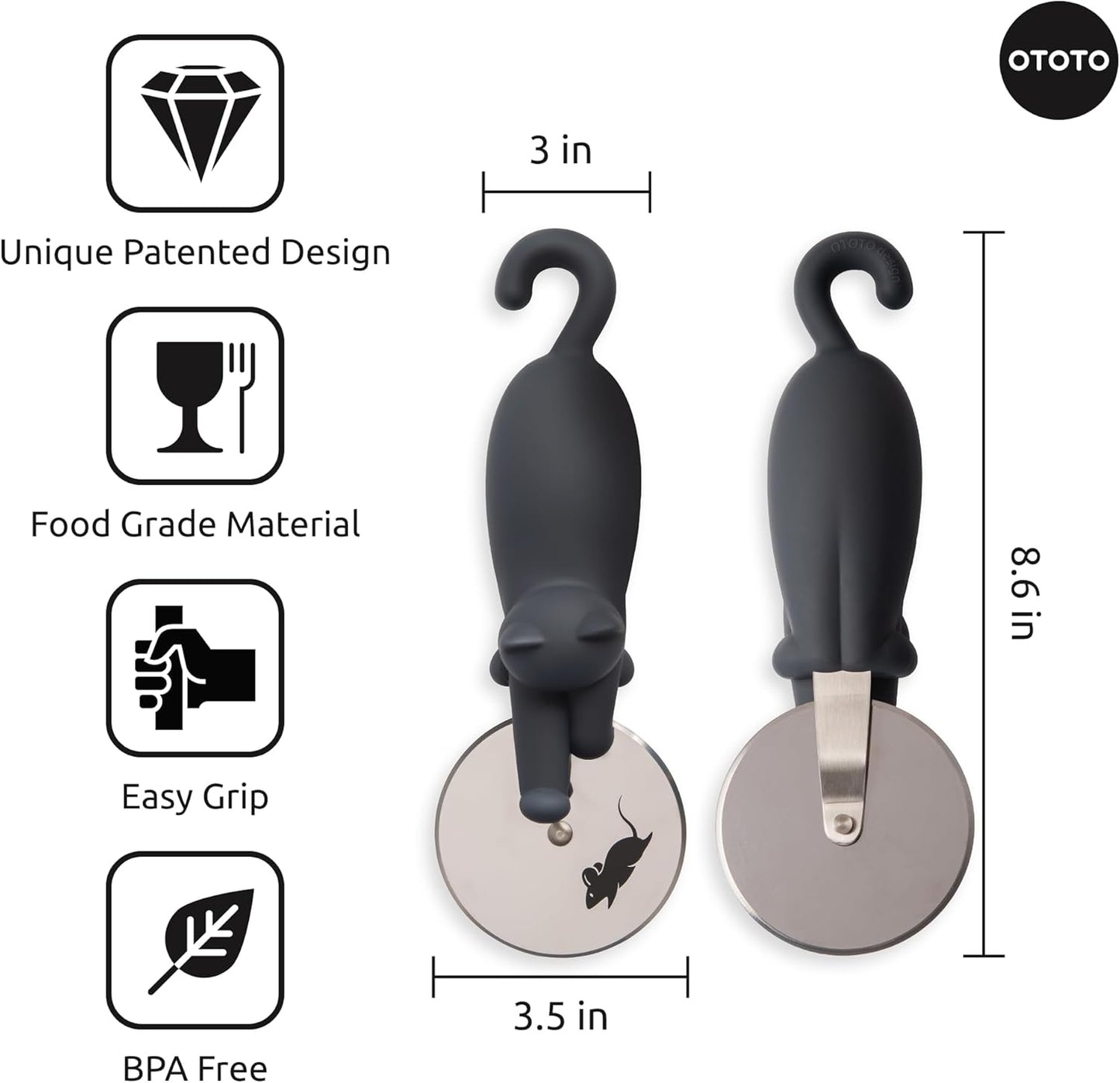 OTOTO Kitty Cut Pizza Cutter Wheel - Pizza Cutters Stainless Steel, Funny Kitchen Gadgets and Kitchen Gifts, Cat Gift for Women Cat Lovers