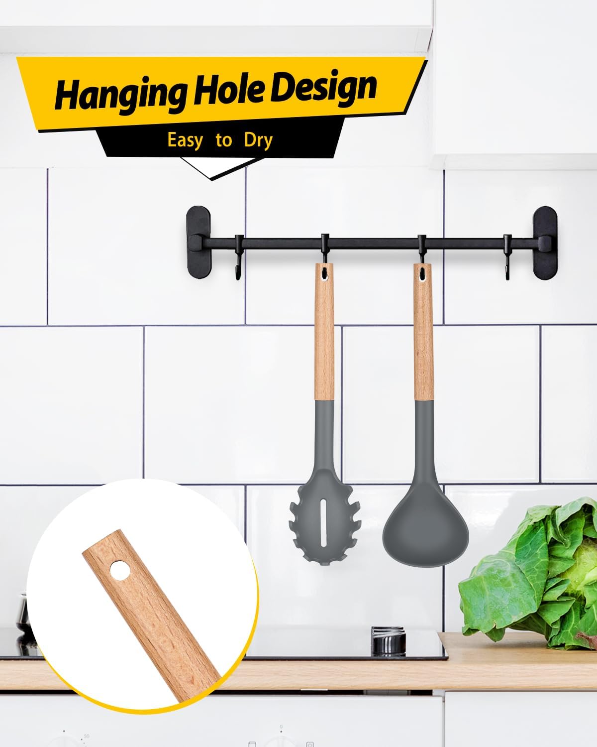 Silicone Pasta Fork and Ladle Spoon Set with Wooden Handle, Heat Resistant Non Stick Kitchen Utensils for Cooking, Stirring, Serving Spaghetti, Soup, Sauce(GRAY)