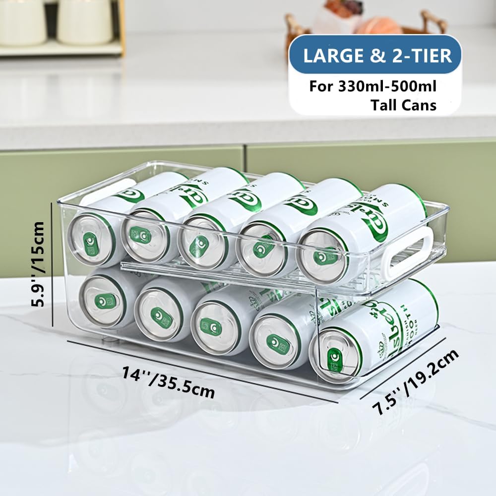Xicennego Upgrade 2-Tier Rolling Soda Can Storage Organizer for Tall Skinny Soda/Pop Cans, Soda Can Dispenser for Refrigerator, Fridge Can Drink Holder, Plastic Storage Rack for Fefrigerators, Pantry