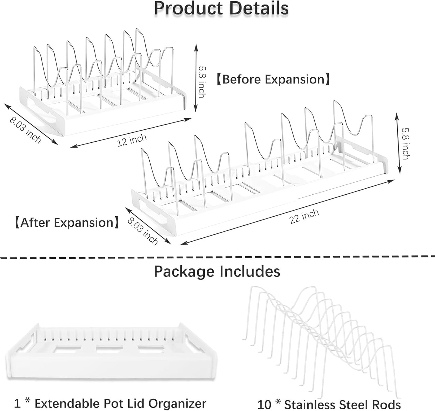 Pot and Pan Organizer, Expandable Pots and Pans Organizer Under Cabinet, Pot Lid Holder with 10 Adjustable Compartment for Bakeware, Cutting Boards, Lid, Dishes, Cookware (1 Pcs)
