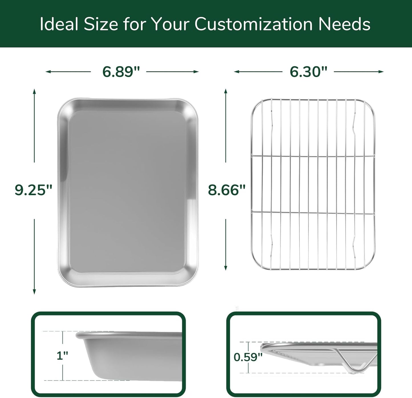 18/0 Stainless Steel Baking Sheet with Cooling Rack, 9.2 Inch Oven-Safe Non-Toxic Cookie Sheets for Baking, Coating Free & Rust Resistant for Healthy Family Baking, Easy to Clean, Heavy Duty