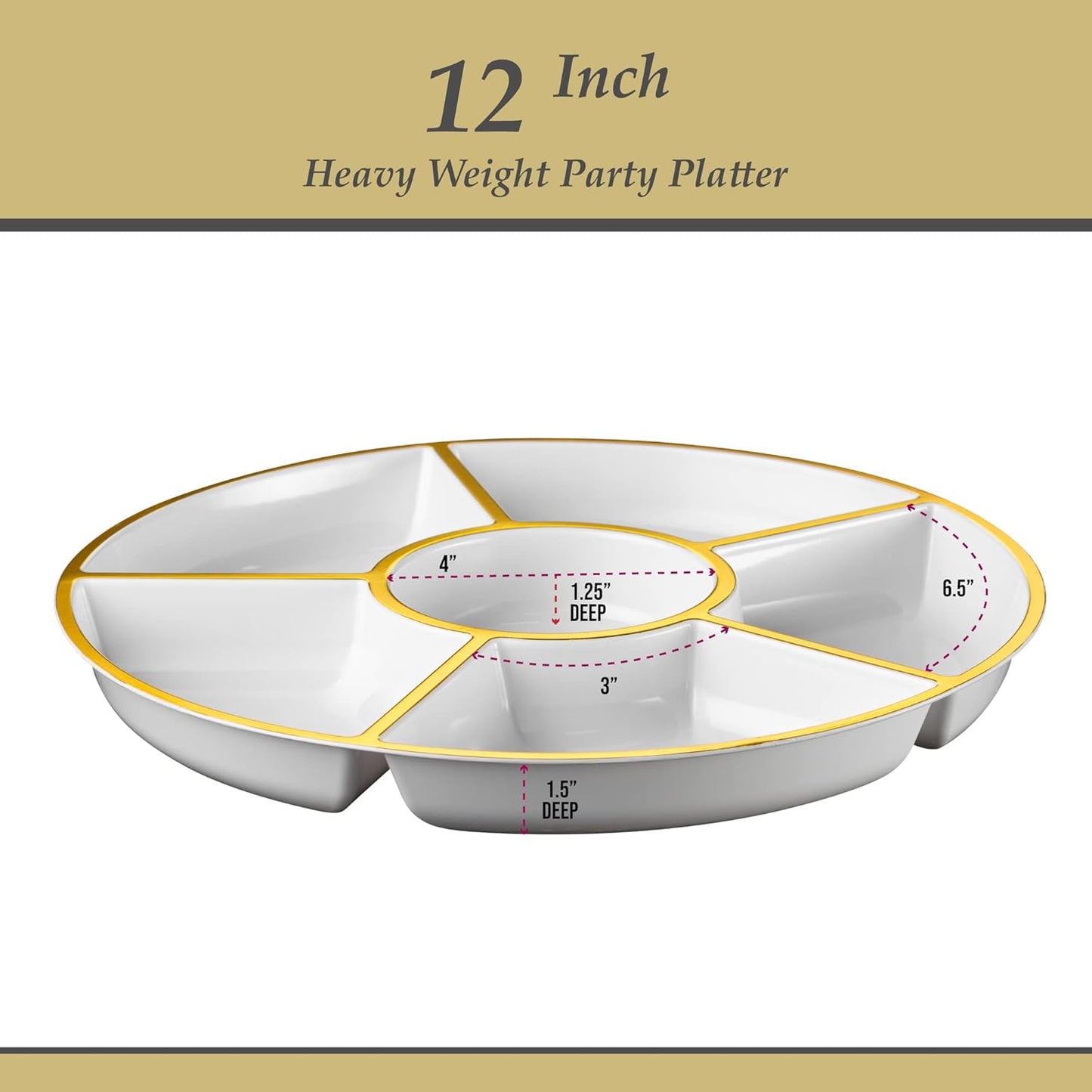 Plasticpro 6 Sectional Round Plastic Serving Tray/Platter (8, White & Gold)