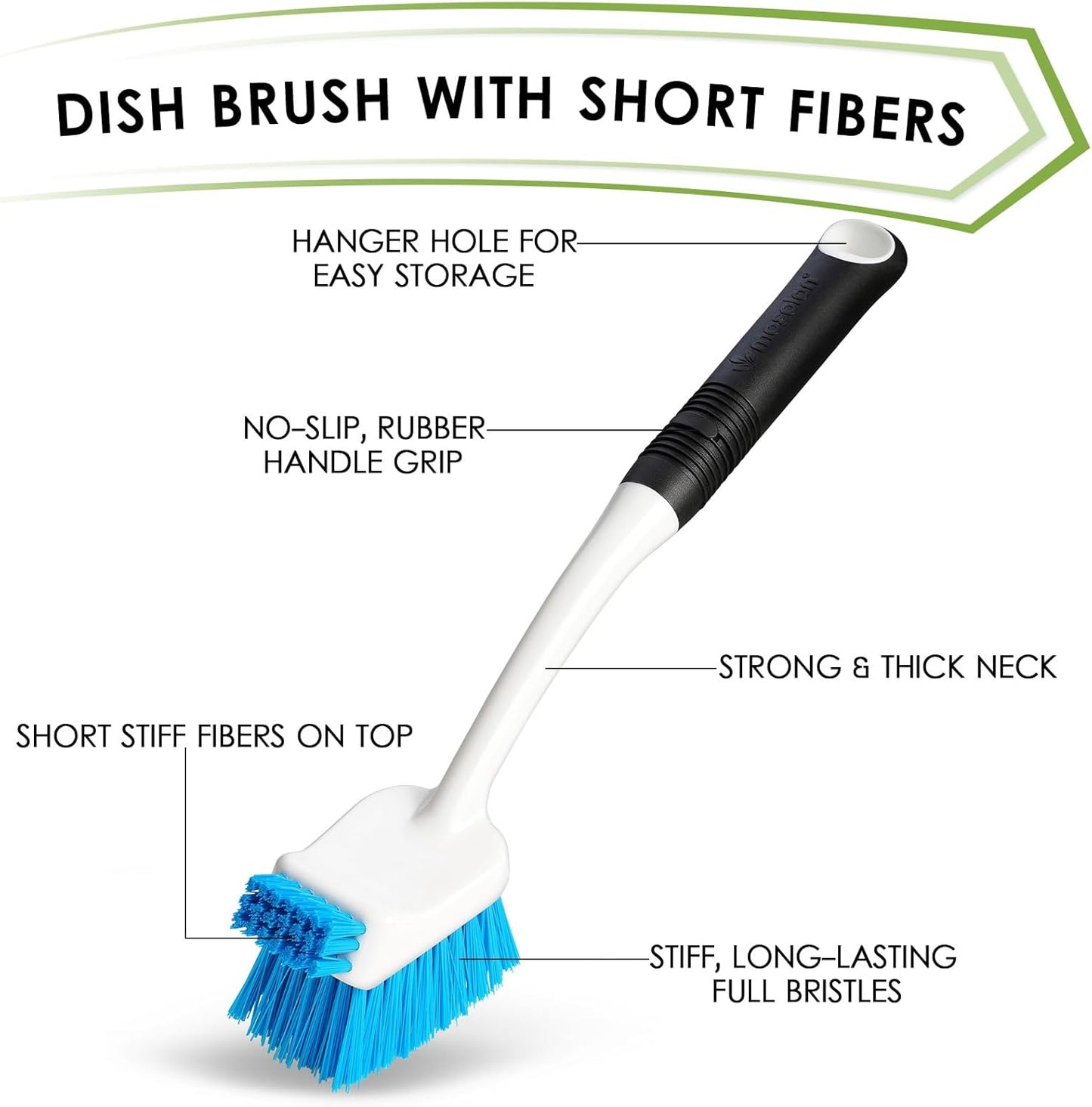 Dish Brush Set of 3 with Water Bottle Brush, Dish Scrub Brush and Scrubber Brush, Long Handle Kitchen Scrub Brushes for Dishes, Bottles, Cups, Pots, Pans and Sinks, Flat Head