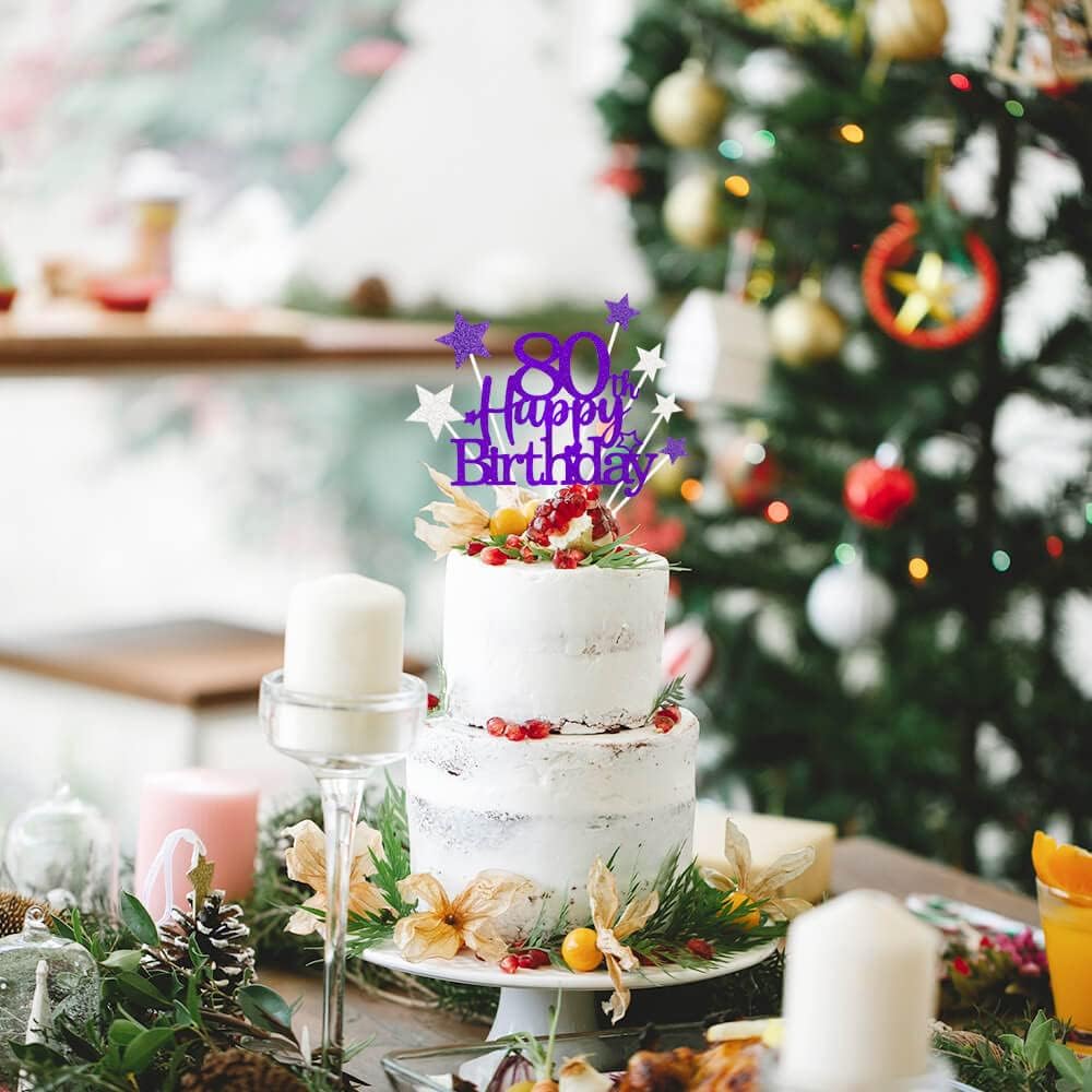 Glittery 80th Happy Birthday Cake Topper with Star,Personalised 80 Birthday Cake Toppers Party Decorations Party Supplies for Men Women Purple Silver