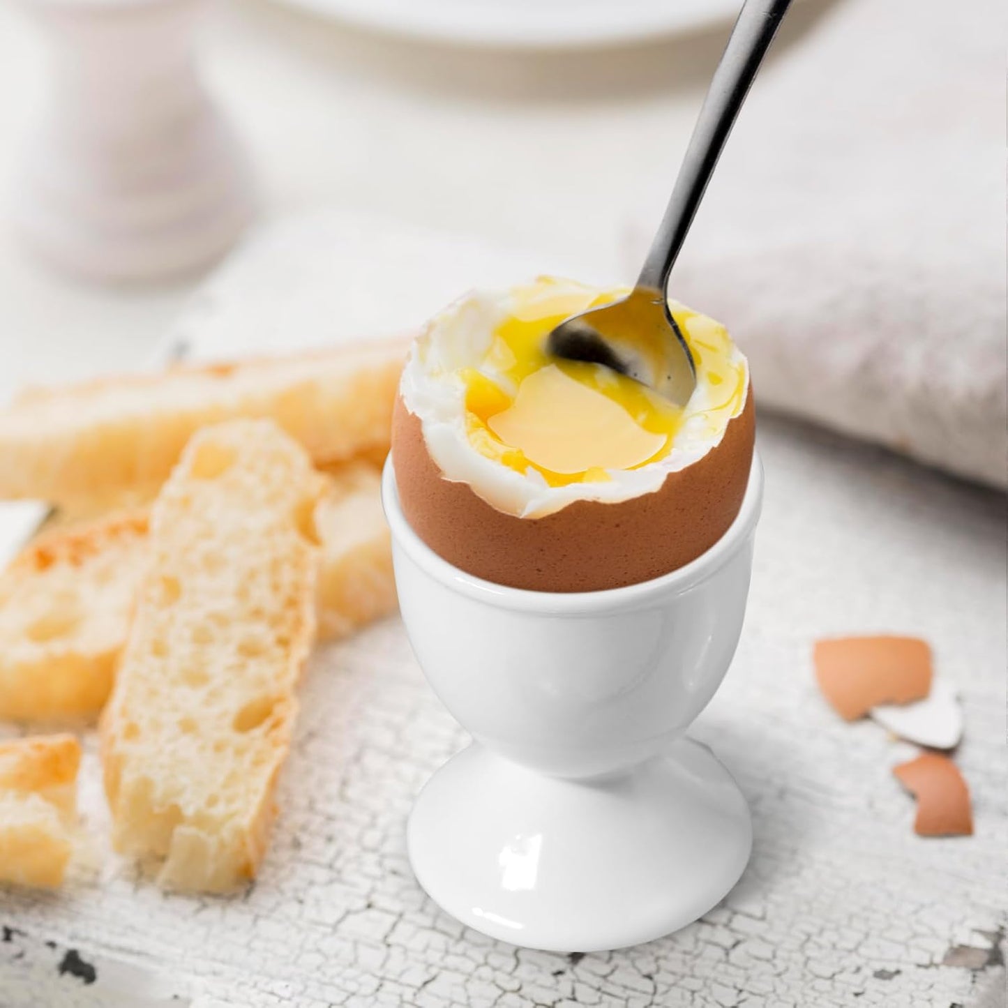 Cinf White Ceramic Egg Cups & Cracker Set | Set of 6 Ceramic Egg Cups + 6 SS Spoons + 1 Egg Topper Breakfast Boiled Cooking Easy to Clean Childhood Memories Kitchen