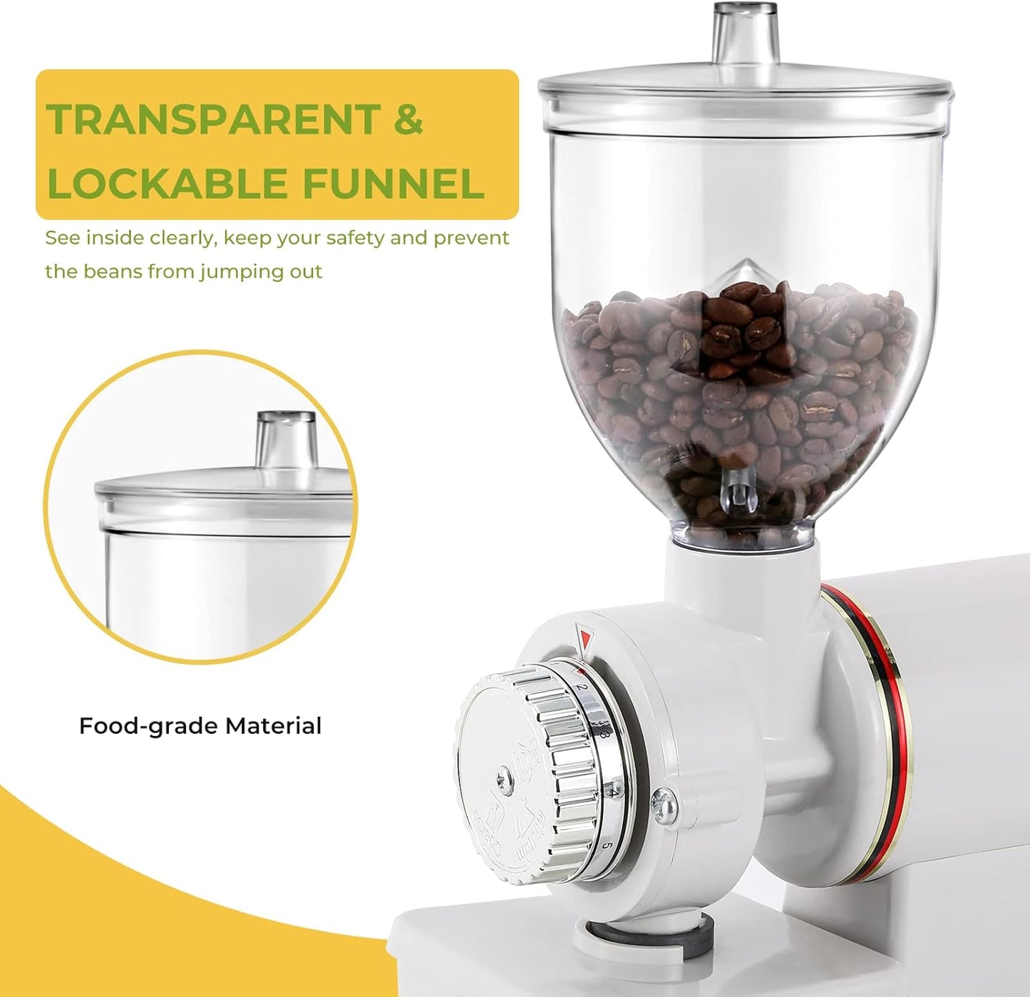 Burr Coffee Grinder Electric Espresso Grinder Commercial & Homeuse Silent Small Coffee Bean Grinder with Hopper Adjustable Grind, With Brush, Spoon, White