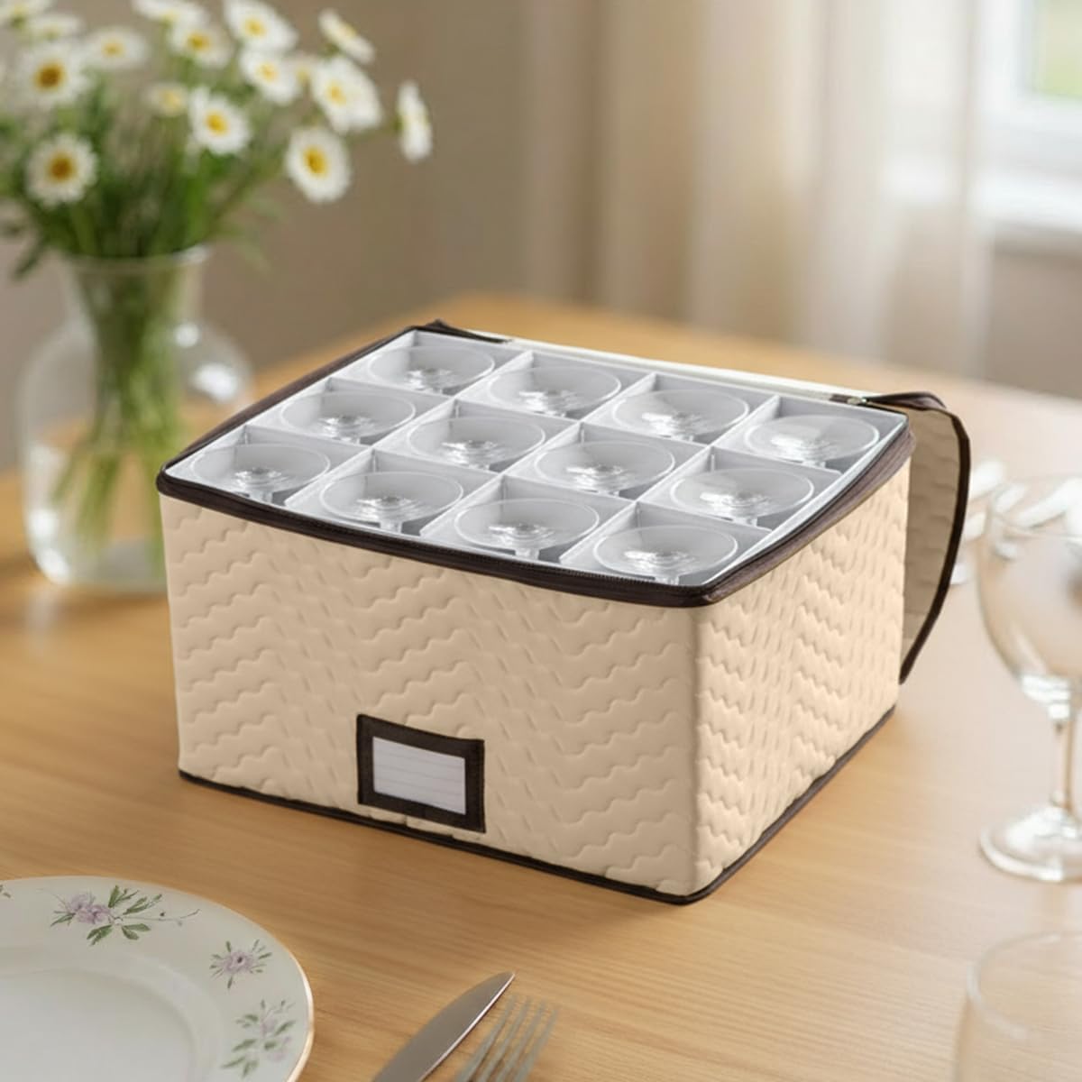 Wine Glass Storage Box with Dividers - Holds 12 Glasses up to 3.75" Wide - Stemware Storage Case - Protects Fine China - Durable Quilted Microfiber Bin with Carry Handles - Ideal for White Wine