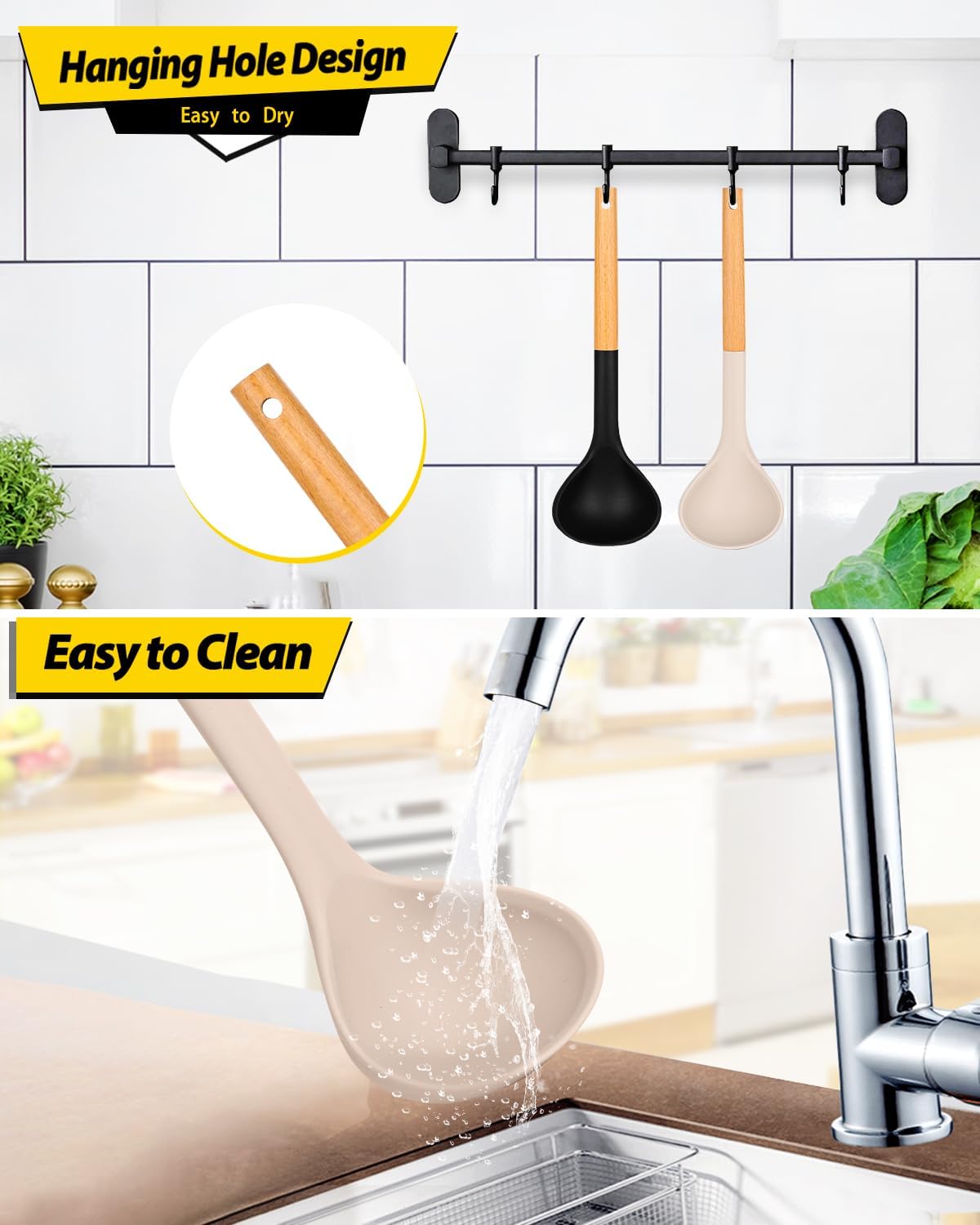 Pack of 2 Soup Ladle, Silicone Ladle Spoon with Wooden Handle, Large Non Stick High Heat Resistant Kitchen Utensils for Cooking, Stirring, Serving Soups(BLACK-KHAKI)