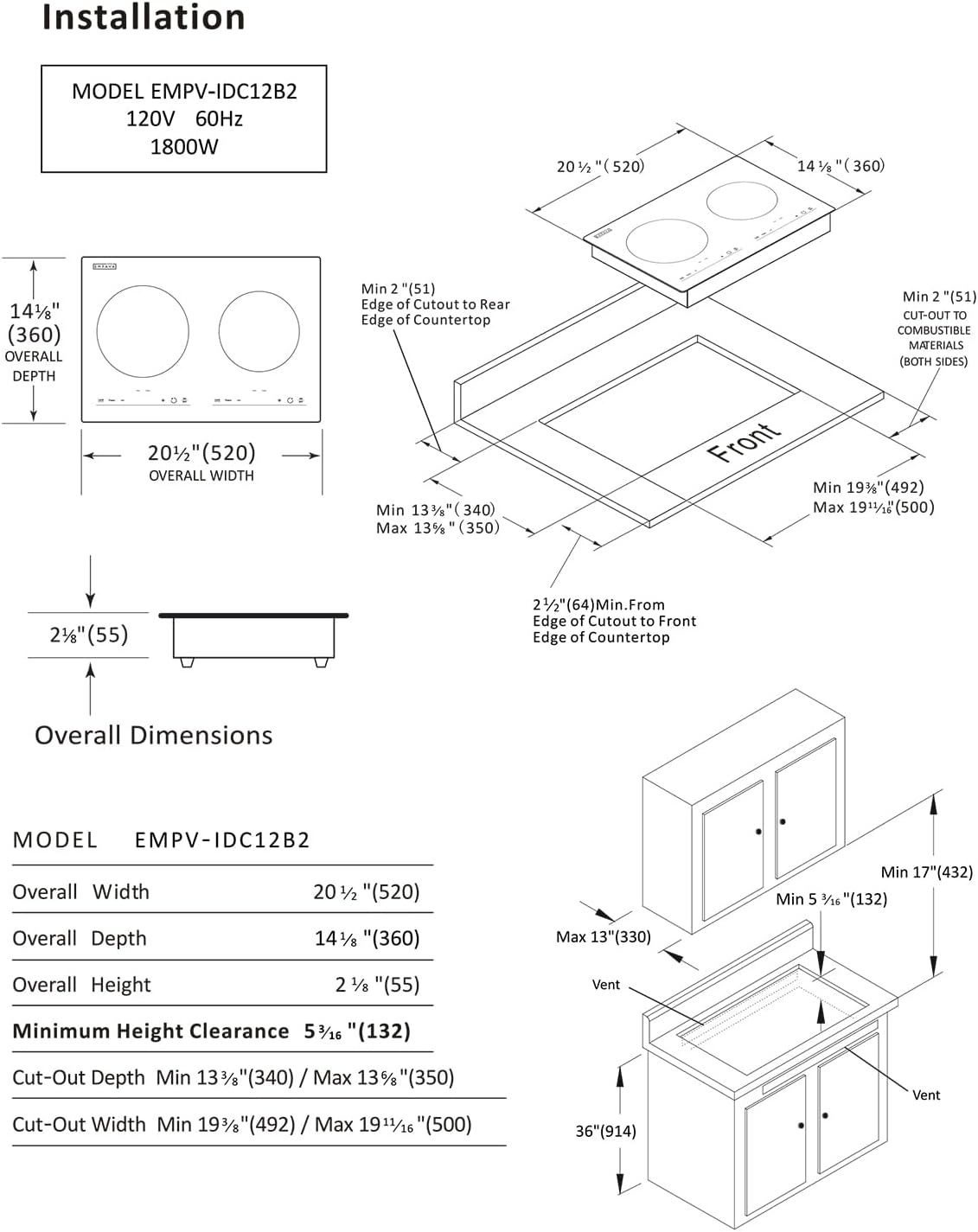 Empava IDC12B2 Horizontal Electric Stove Induction Cooktop with 2 Burners in Black Vitro Ceramic Smooth Surface Glass 120V, 12 Inch