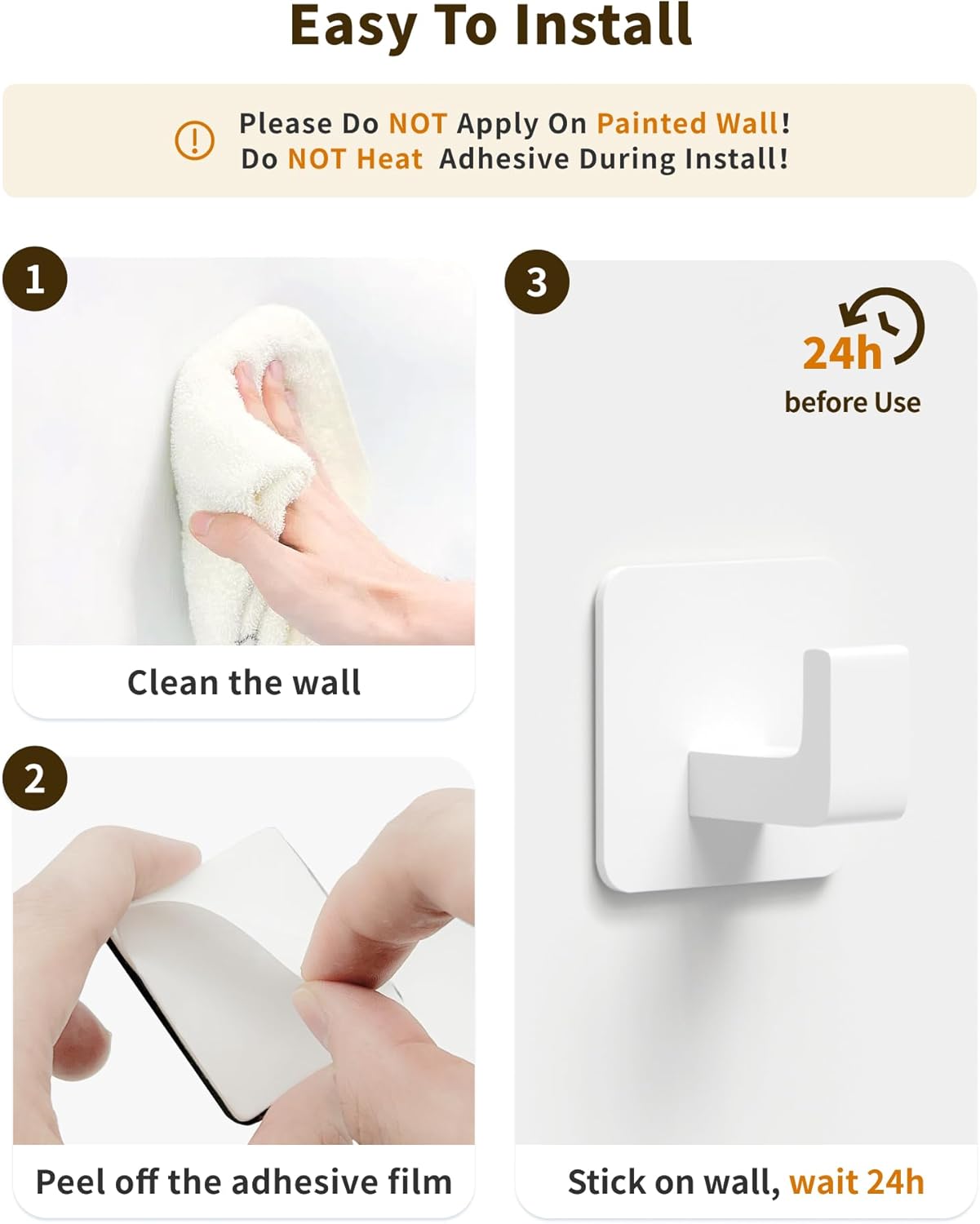 Square Self Adhesive Towel Hooks - 2 Pack Matte White Metal Hooks, Right-Angle Design for Towels, Robes & Hats, Organize Bathroom, Kitchen, Entryway, Doors, Cabinets on Smooth Surfaces