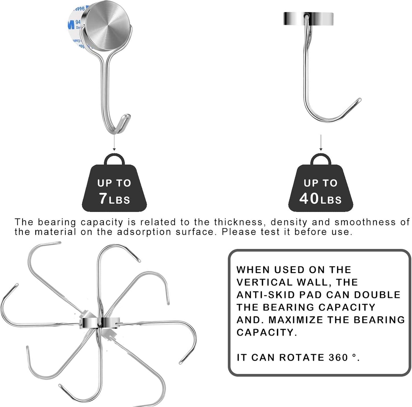 Magnetic Hooks, Heavy Duty 304 Stainless Steel Magnet Hooks for Cruise Refrigerator Grill,Strong Magnet with Hooks for Home Kitchen, Garage Toolbox,4pack (Silver,1.3in-1 40Lbs)