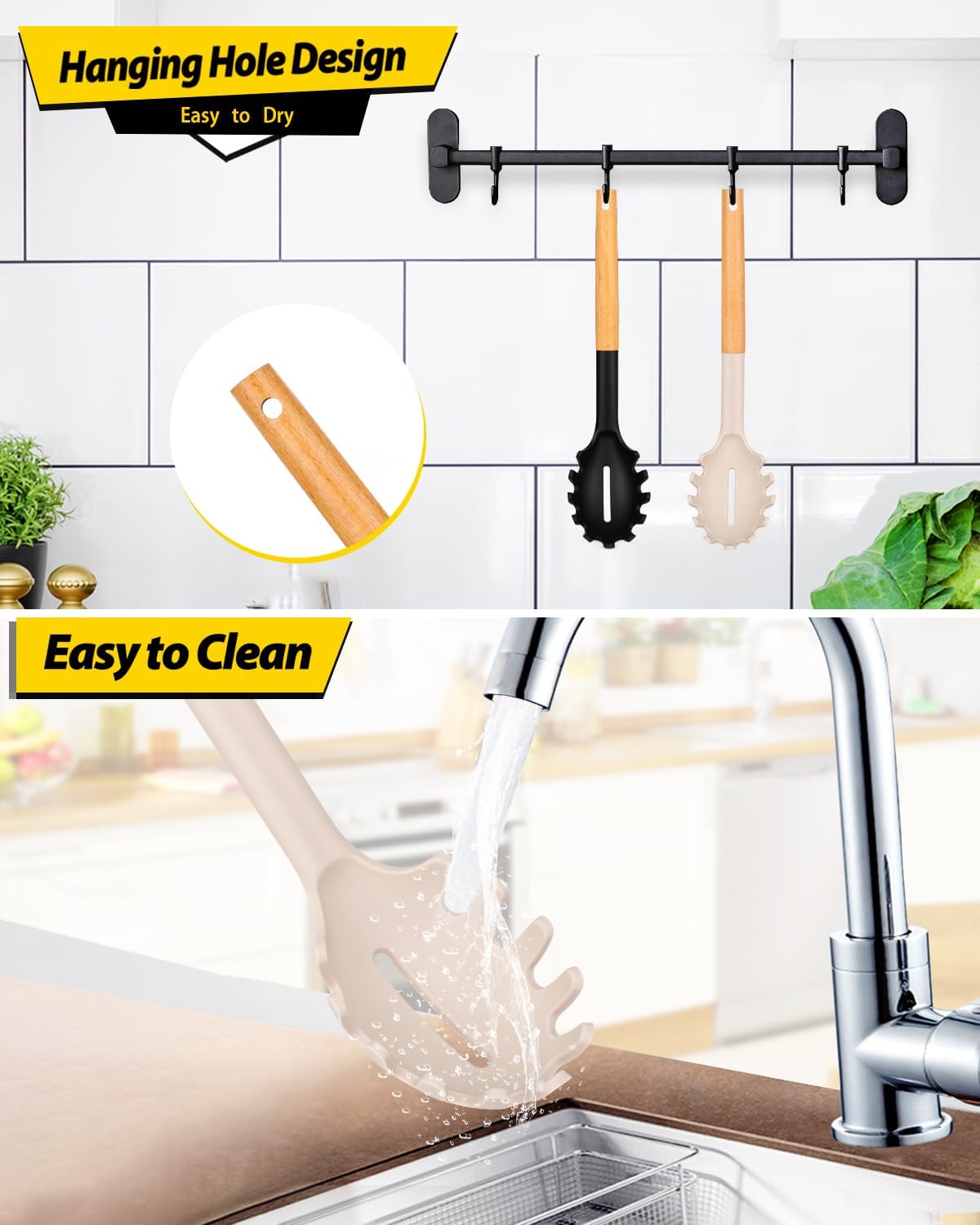 Pack of 2 Spaghetti Spoon, Silicone Pasta Fork with Wooden Handle, Heat Resistant Noodle Spoon Server, BPA Free Spaghetti Strainer(BLACK-KHAKI)