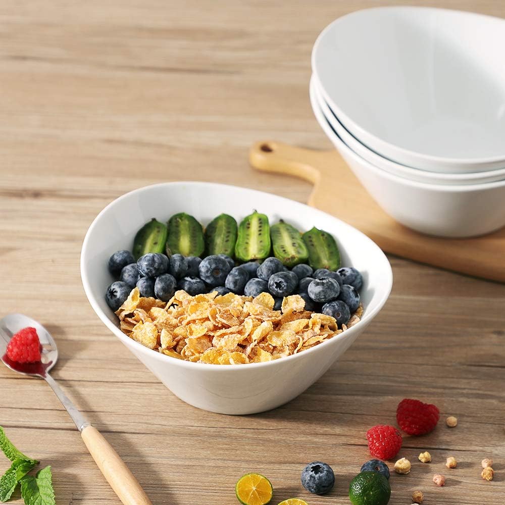 Porcelain Salad Bowls, 38 Ounce pasta bowls set of 4, 8 inch White serving bowls for cereal, soup, ramen, snacks, rice, Oven Dishwasher Safe