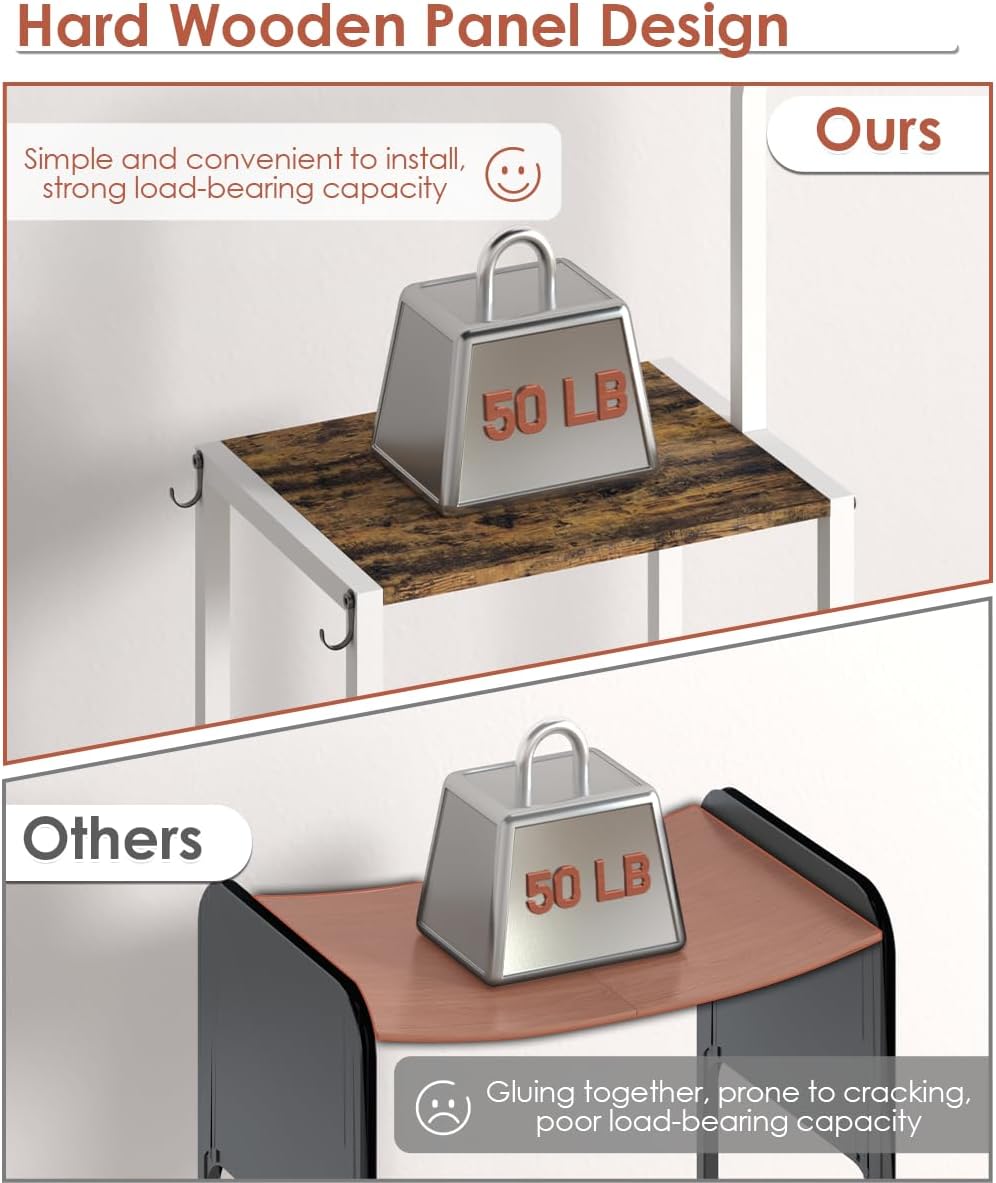 Mocomax 3-Tier Pot and Pan Organizer Rack, Free Standing Cookware Storage Stand, Multifunctional Metal Corner Shelf Holds 50LB, Pan Pot Lid Tower Holder with 8 Hooks for Kitchen Pantry and Home, White